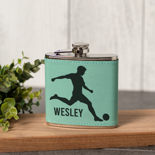 6oz Leather Wrapped Flask with Soccer Player Design