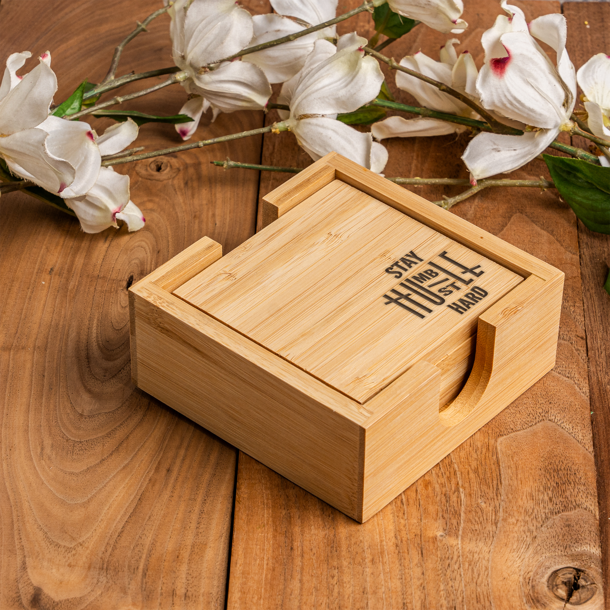 Stay Humble Hustle Hard Bamboo Coaster Set