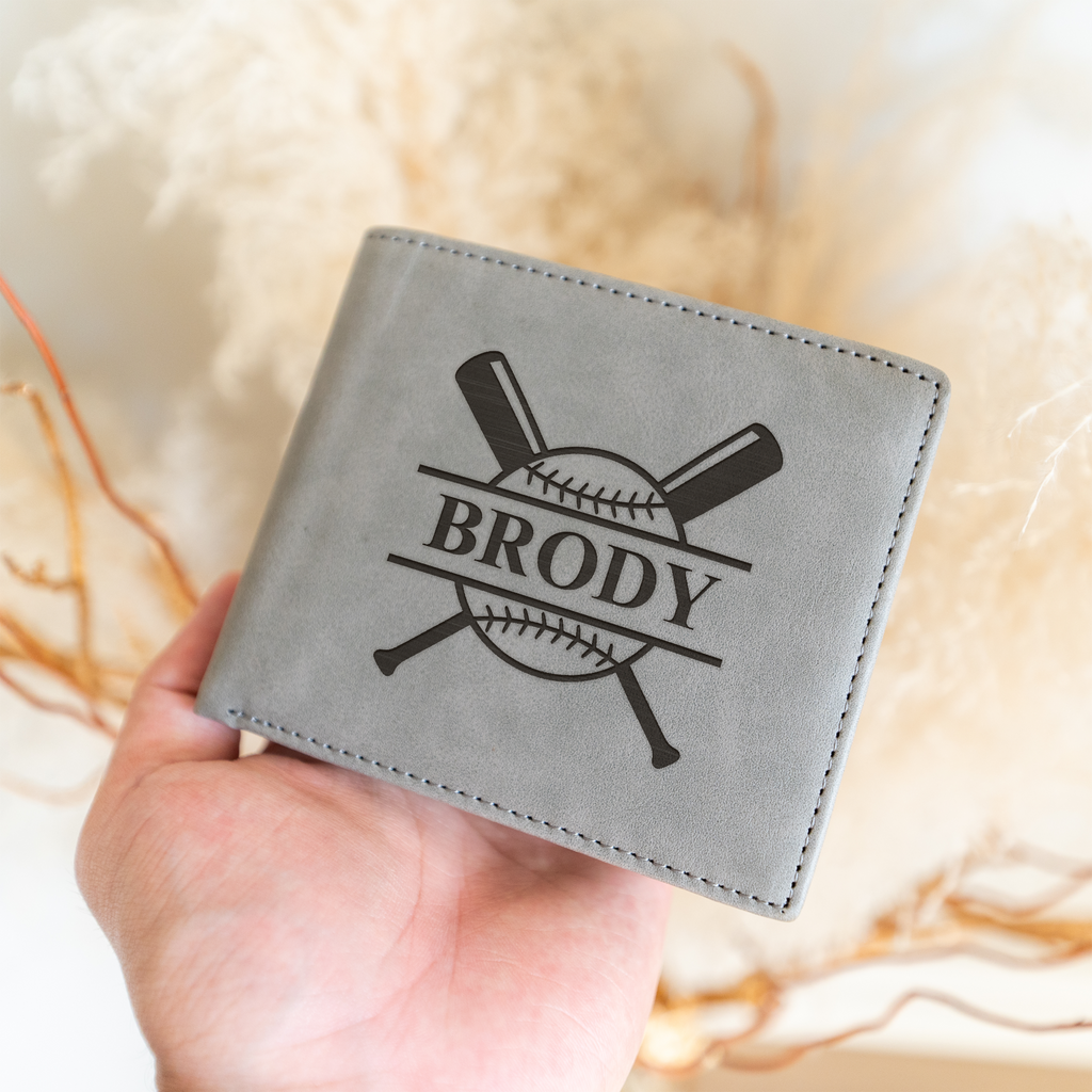 Leather Bifold Wallet with Baseball Monogram