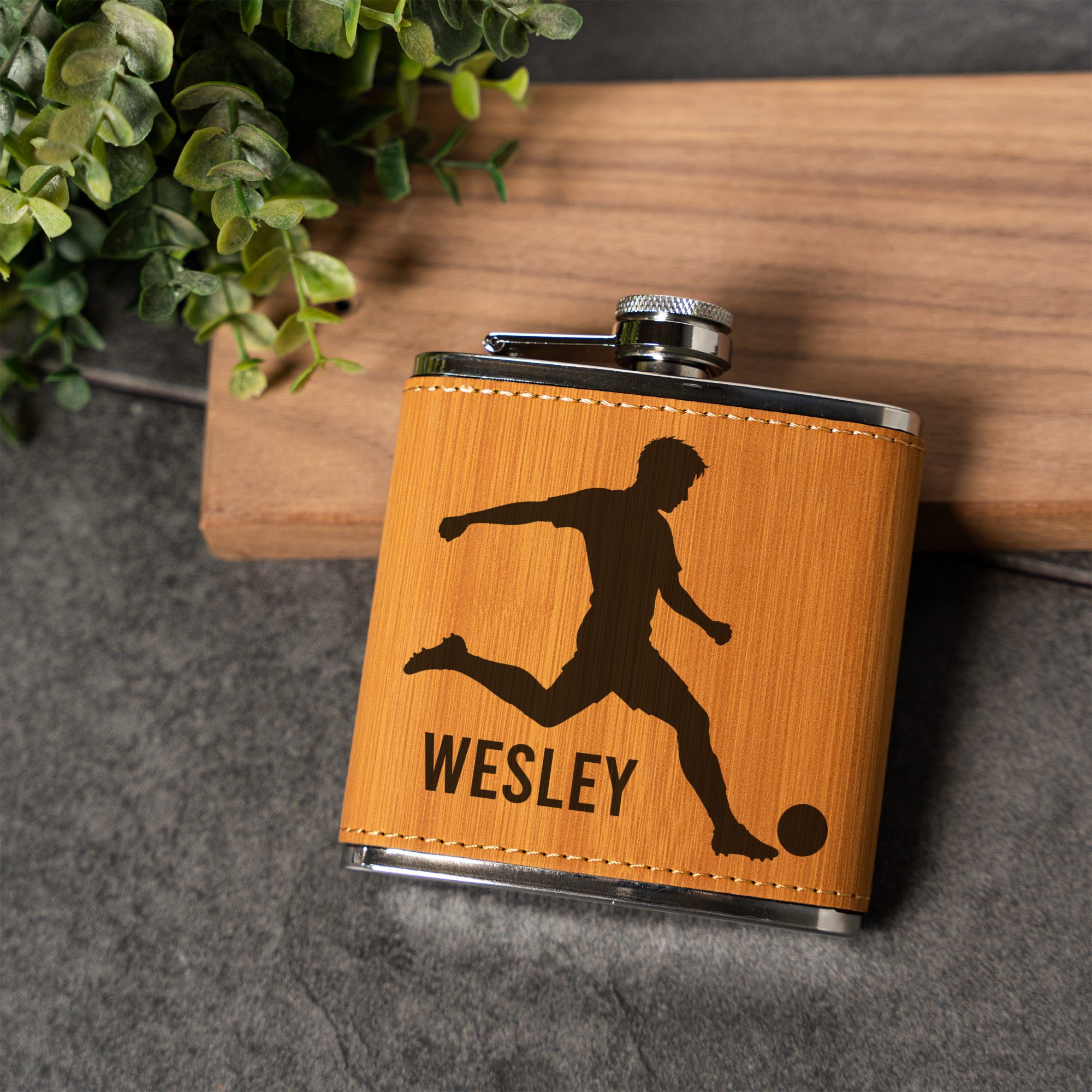 6oz Leather Wrapped Flask with Soccer Player Design