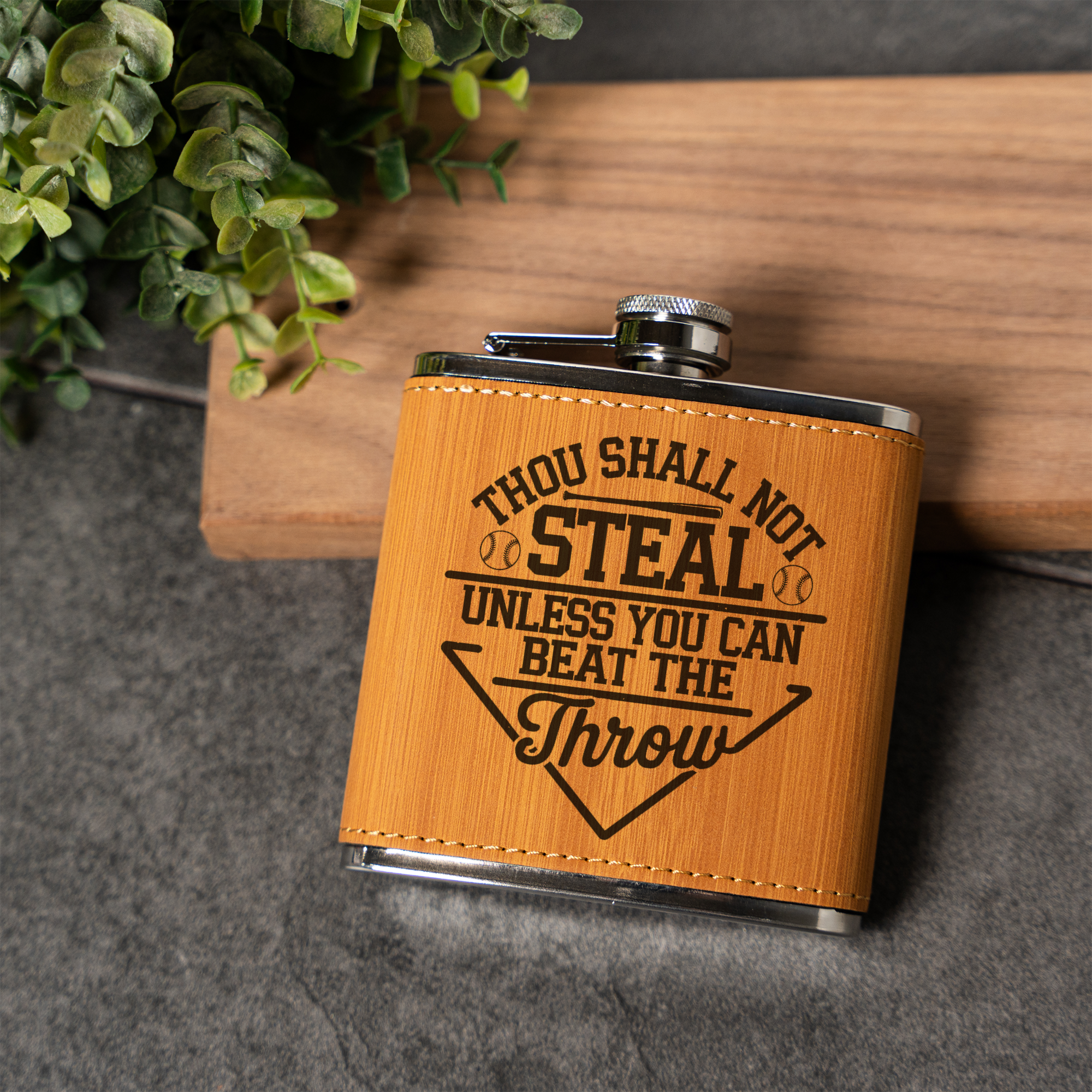 Funny Baseball Flask | "Thou Shall Not Steal Unless You Can Beat the Throw" | Baseball Fan Gift | Coach Gift