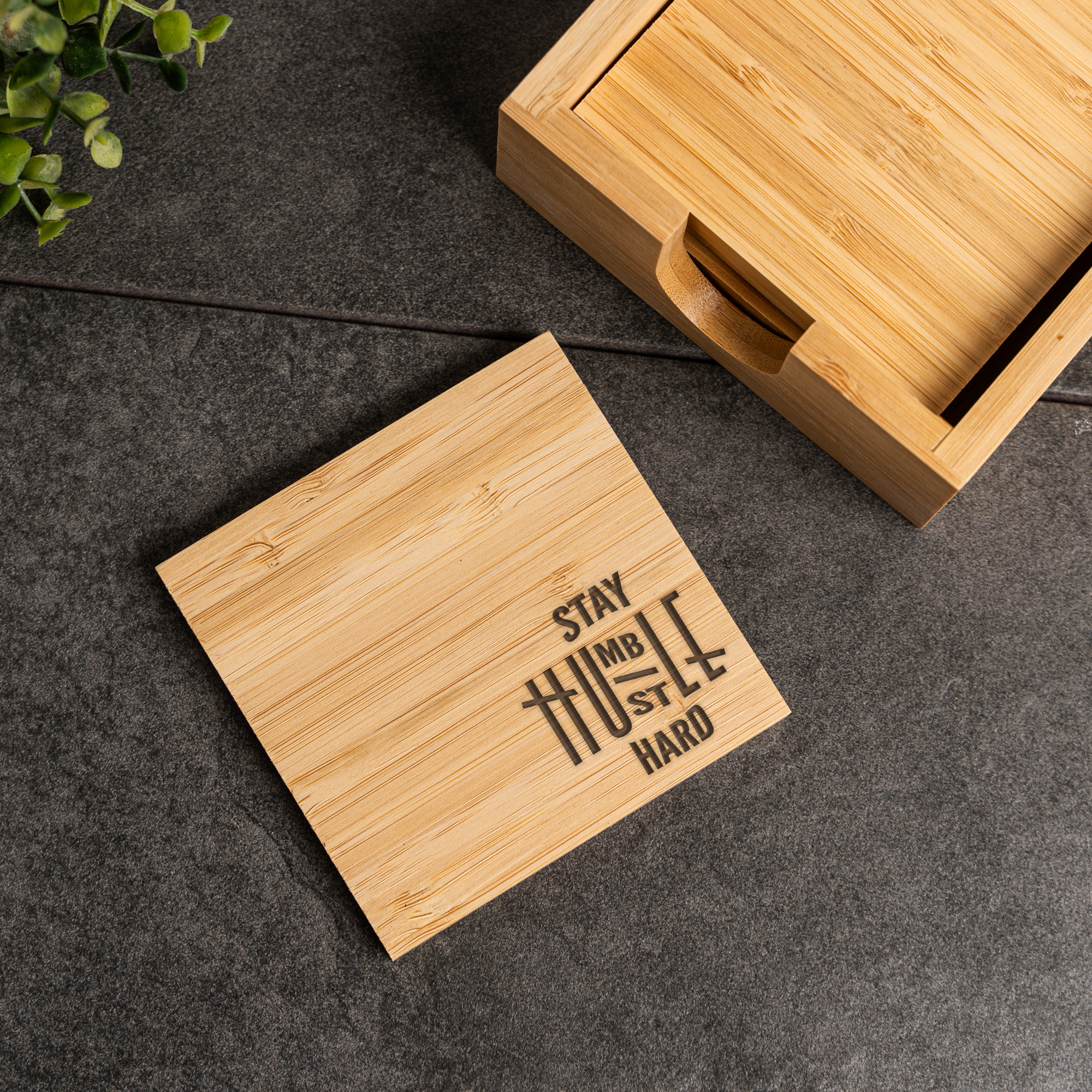 Stay Humble Hustle Hard Bamboo Coaster Set