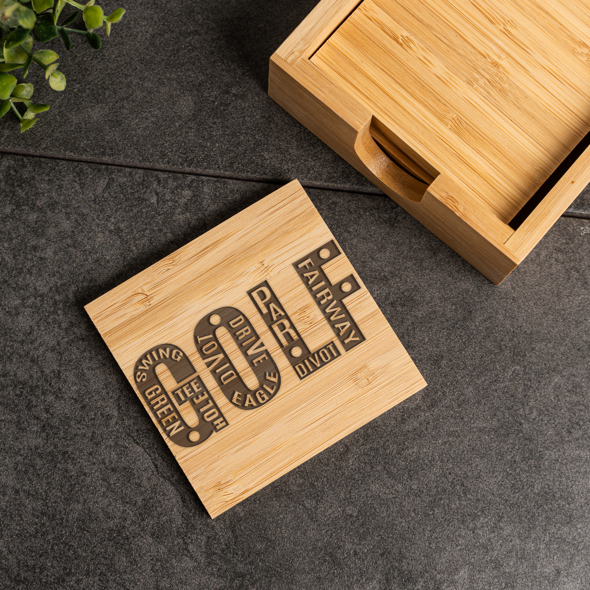 Bamboo Coaster Set with Holder, Golf Theme Coasters, Eco-Friendly Drink Mats