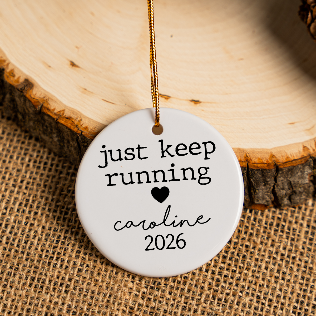 Personalized Running Christmas Ornament, Just Keep Running Ornament, Custom Name and Year Runner Gift, Marathon Runner Keepsake, Running Gift