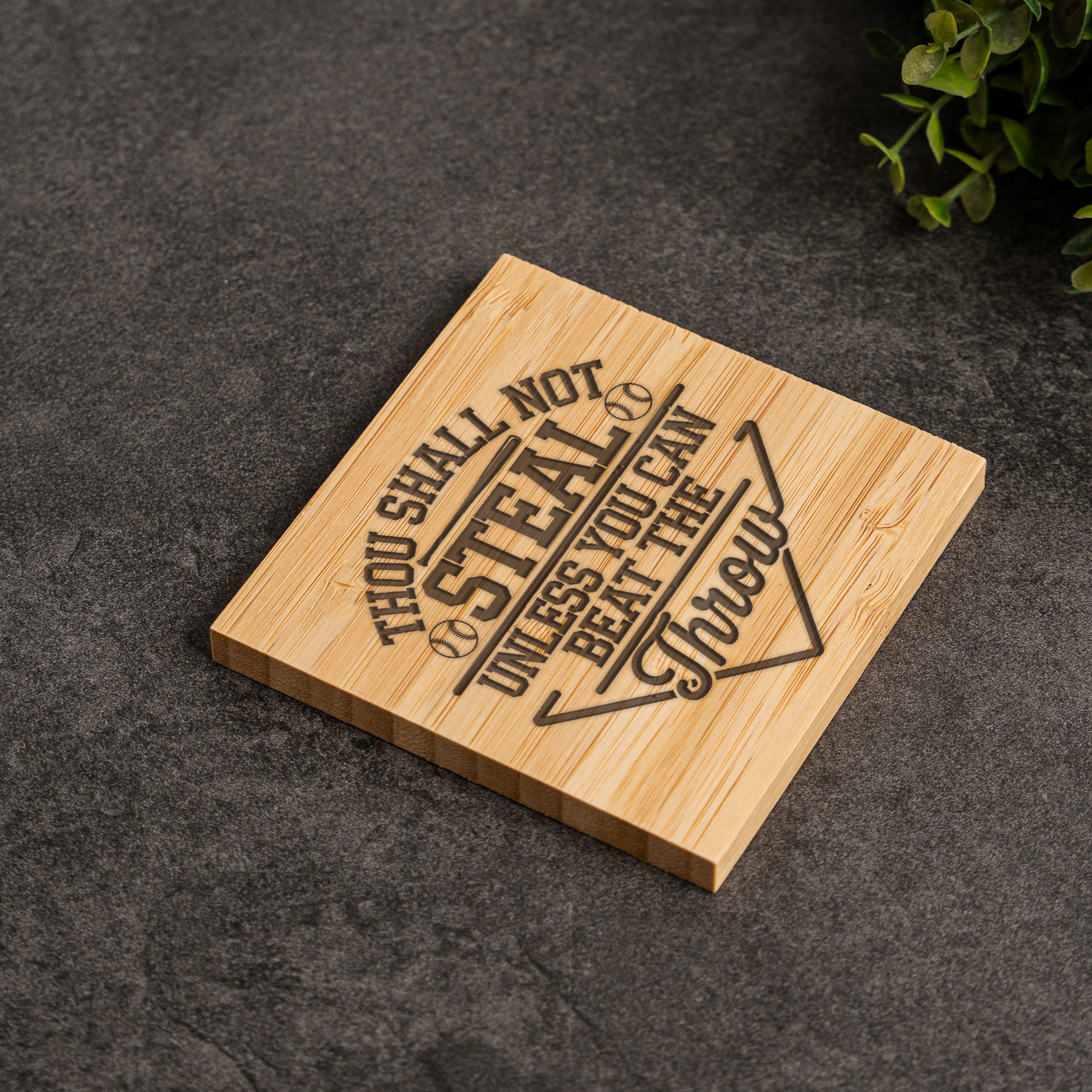 Funny Baseball Bamboo Coaster Set | "Thou Shall Not Steal Unless You Can Beat the Throw" | Baseball Gift | Sports Bar Coasters