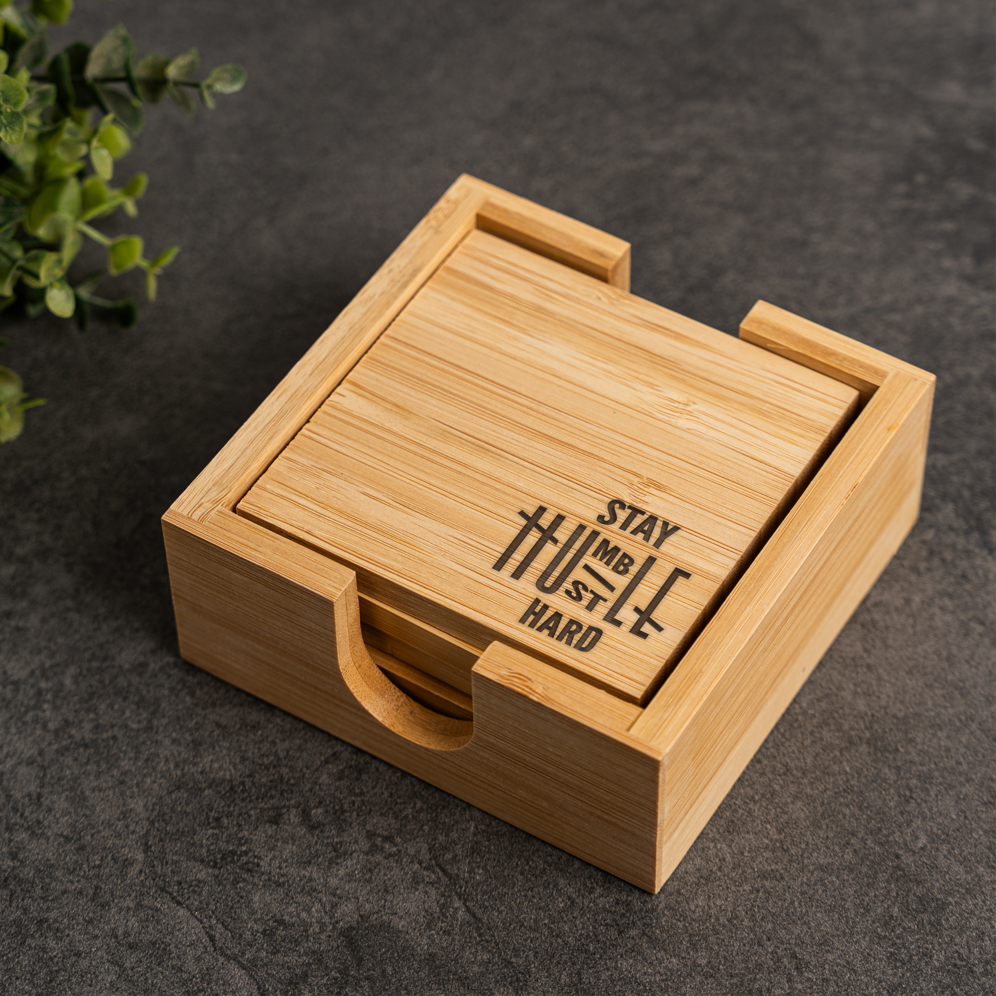 Stay Humble Hustle Hard Bamboo Coaster Set