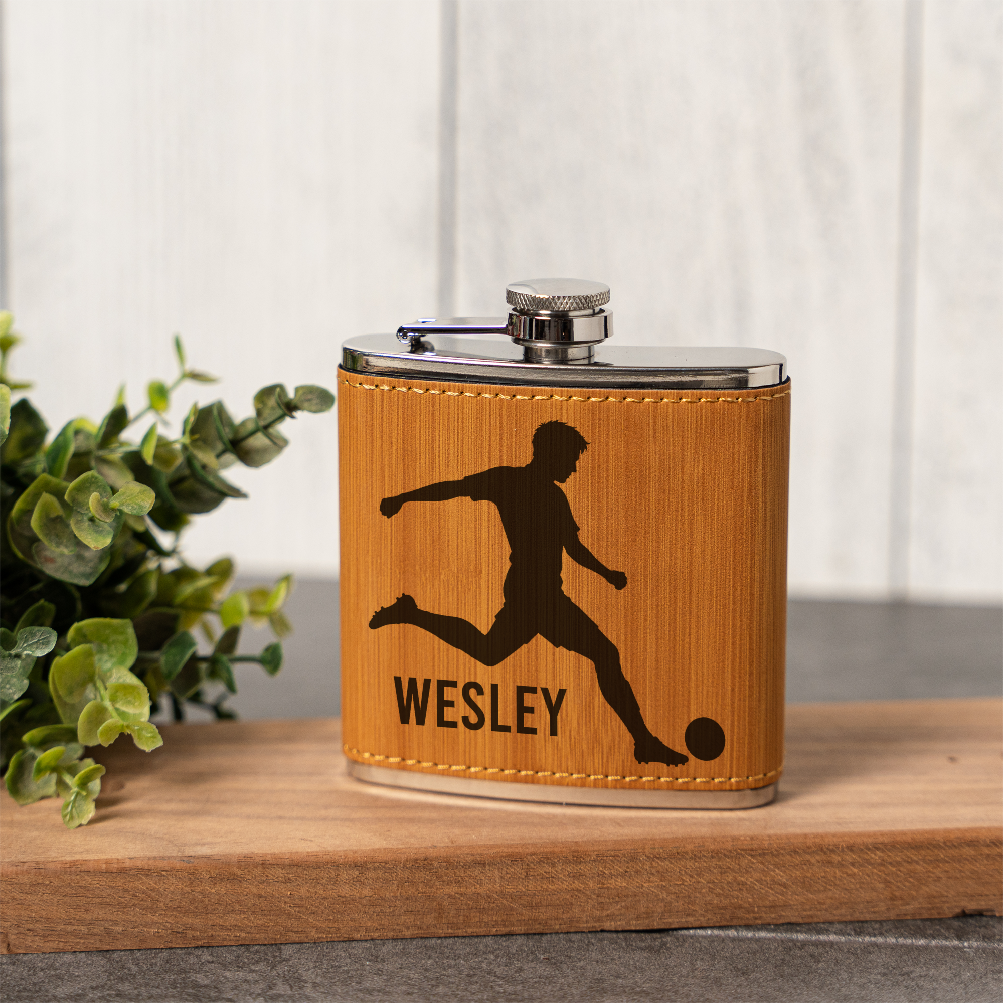 6oz Leather Wrapped Flask with Soccer Player Design