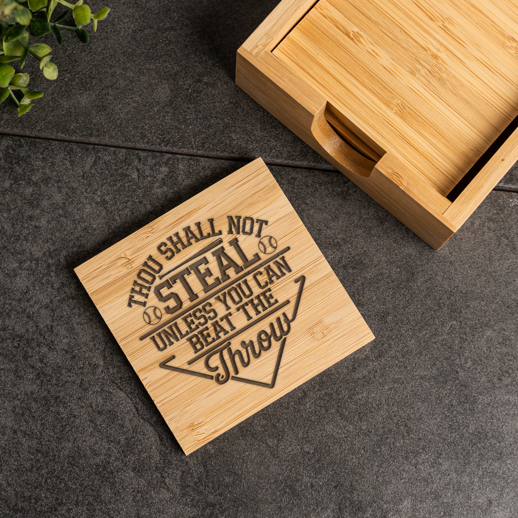 Funny Baseball Bamboo Coaster Set | "Thou Shall Not Steal Unless You Can Beat the Throw" | Baseball Gift | Sports Bar Coasters