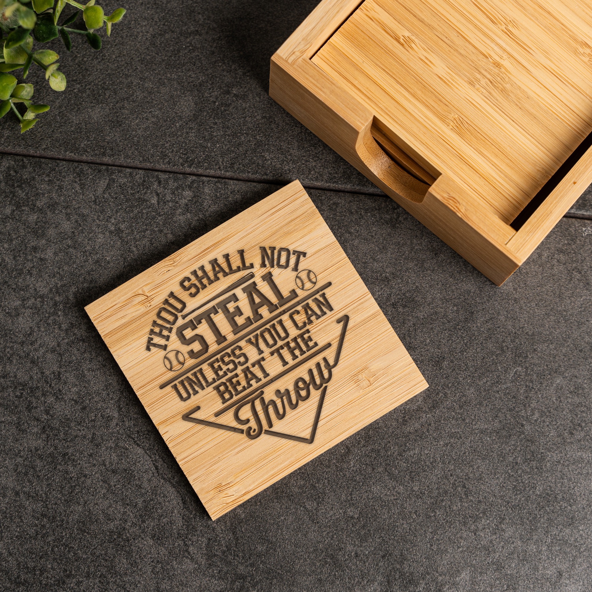 Funny Baseball Bamboo Coaster Set | "Thou Shall Not Steal Unless You Can Beat the Throw" | Baseball Gift | Sports Bar Coasters