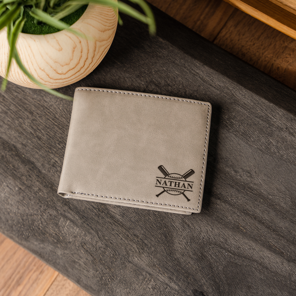 Personalized Leather Bifold Wallet with Baseball Design