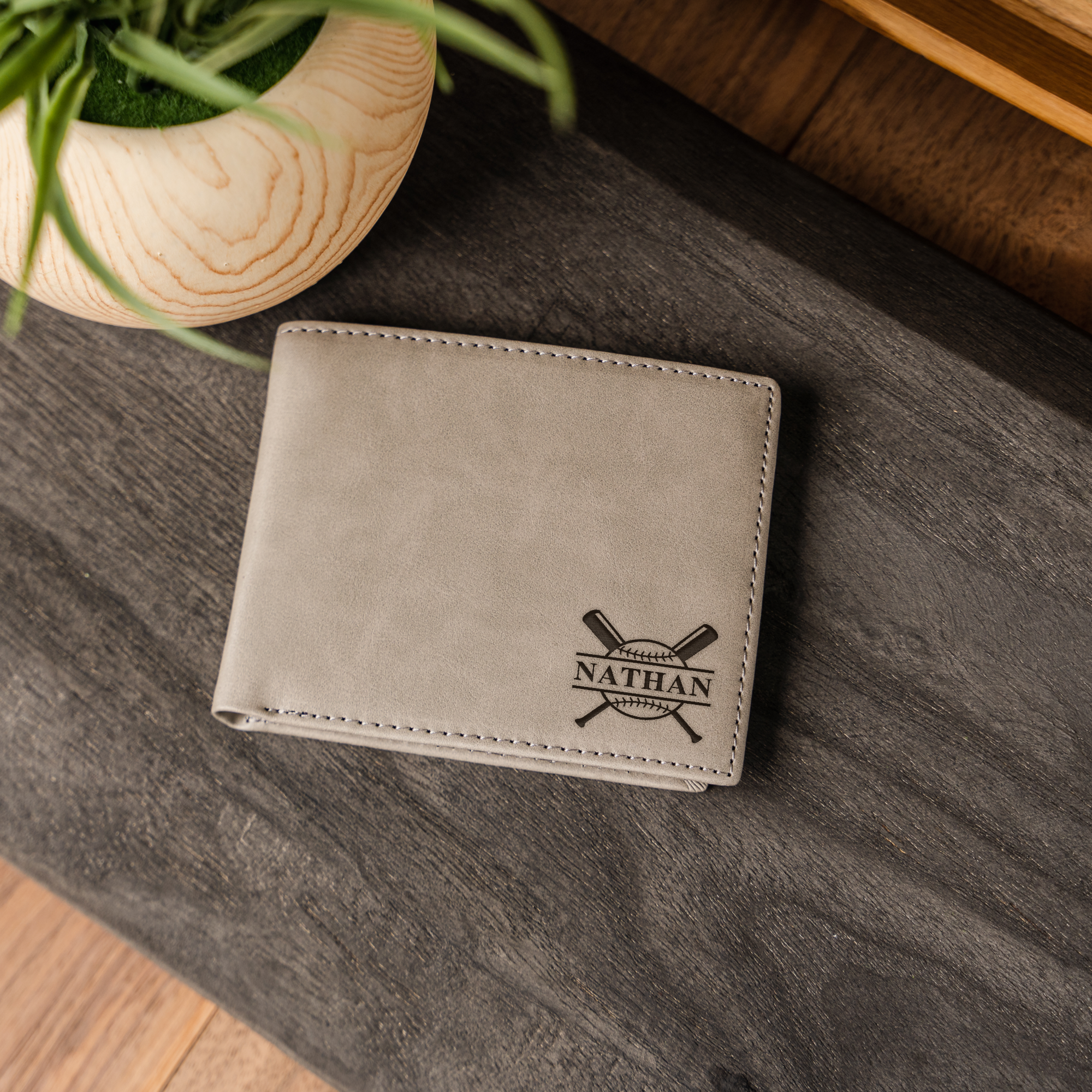 Personalized Leather Bifold Wallet with Baseball Design