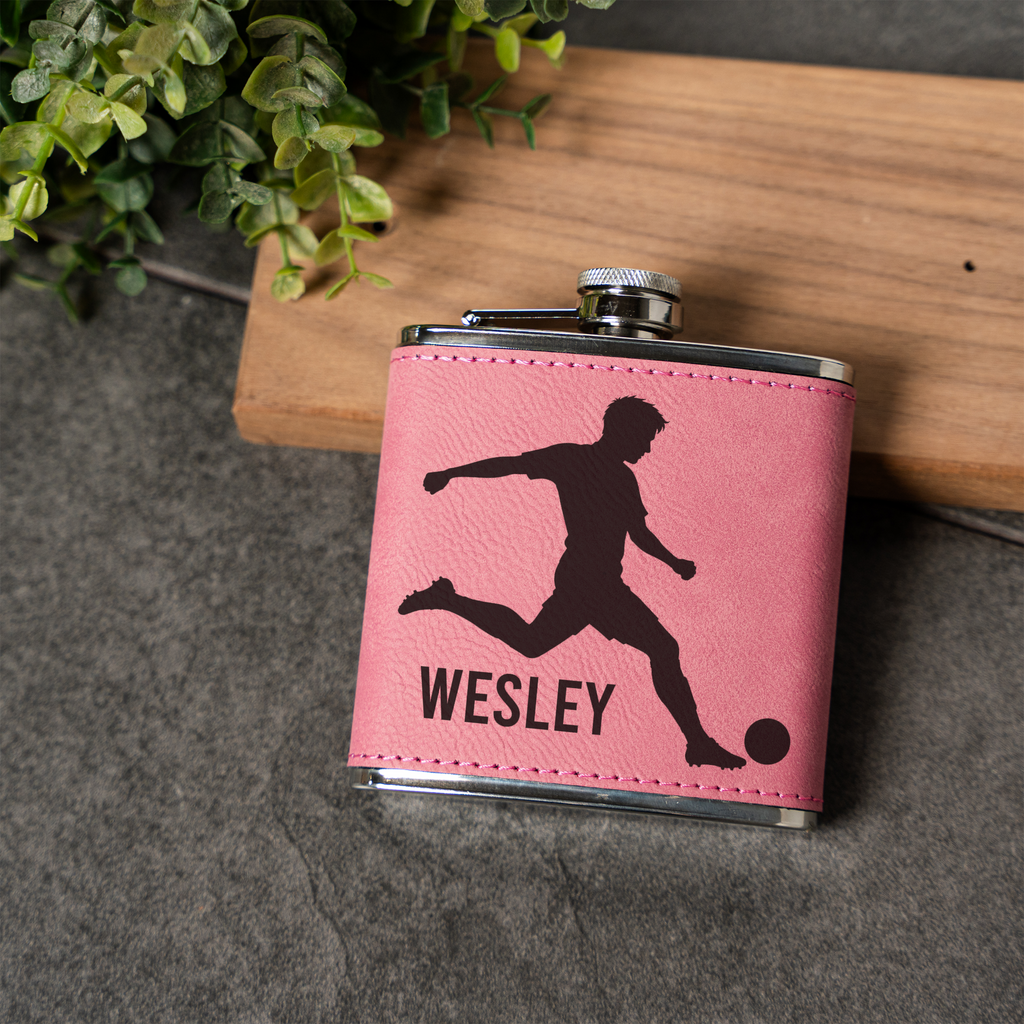 6oz Leather Wrapped Flask with Soccer Player Design