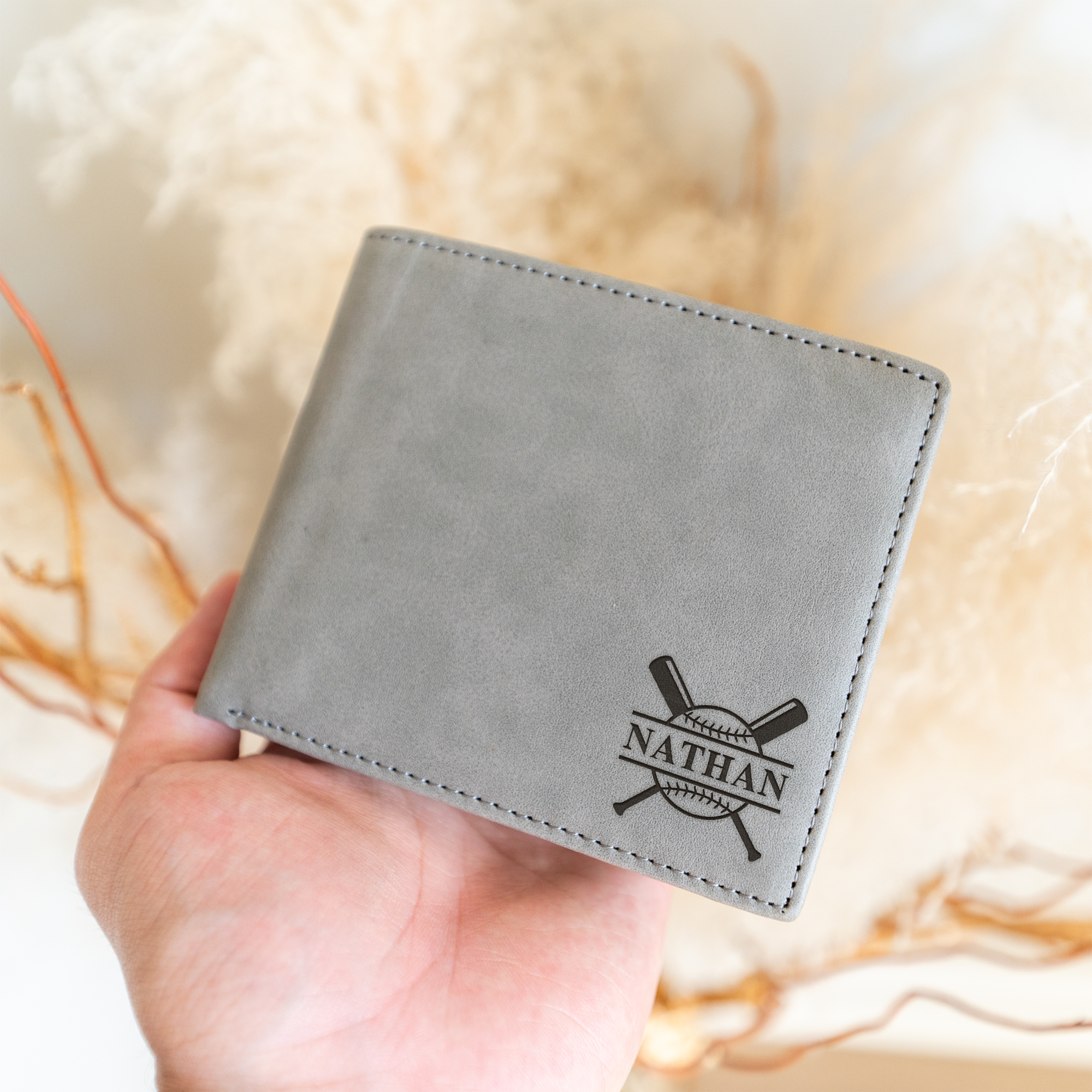 Personalized Leather Bifold Wallet with Baseball Design