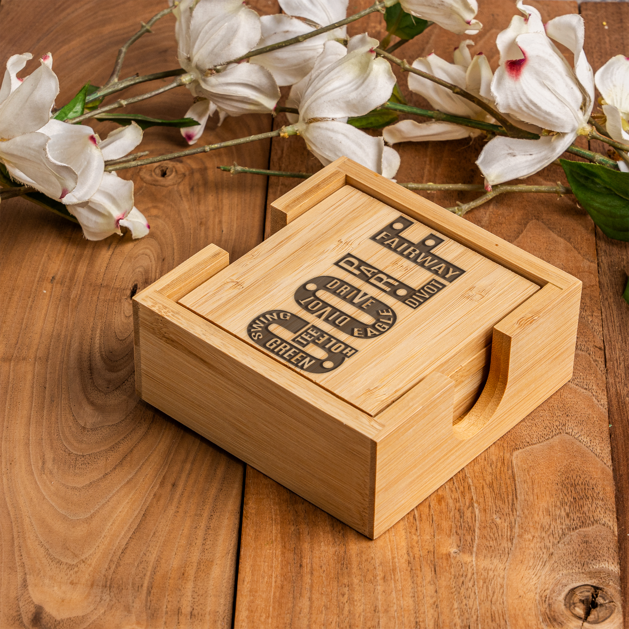 Bamboo Coaster Set with Holder, Golf Theme Coasters, Eco-Friendly Drink Mats