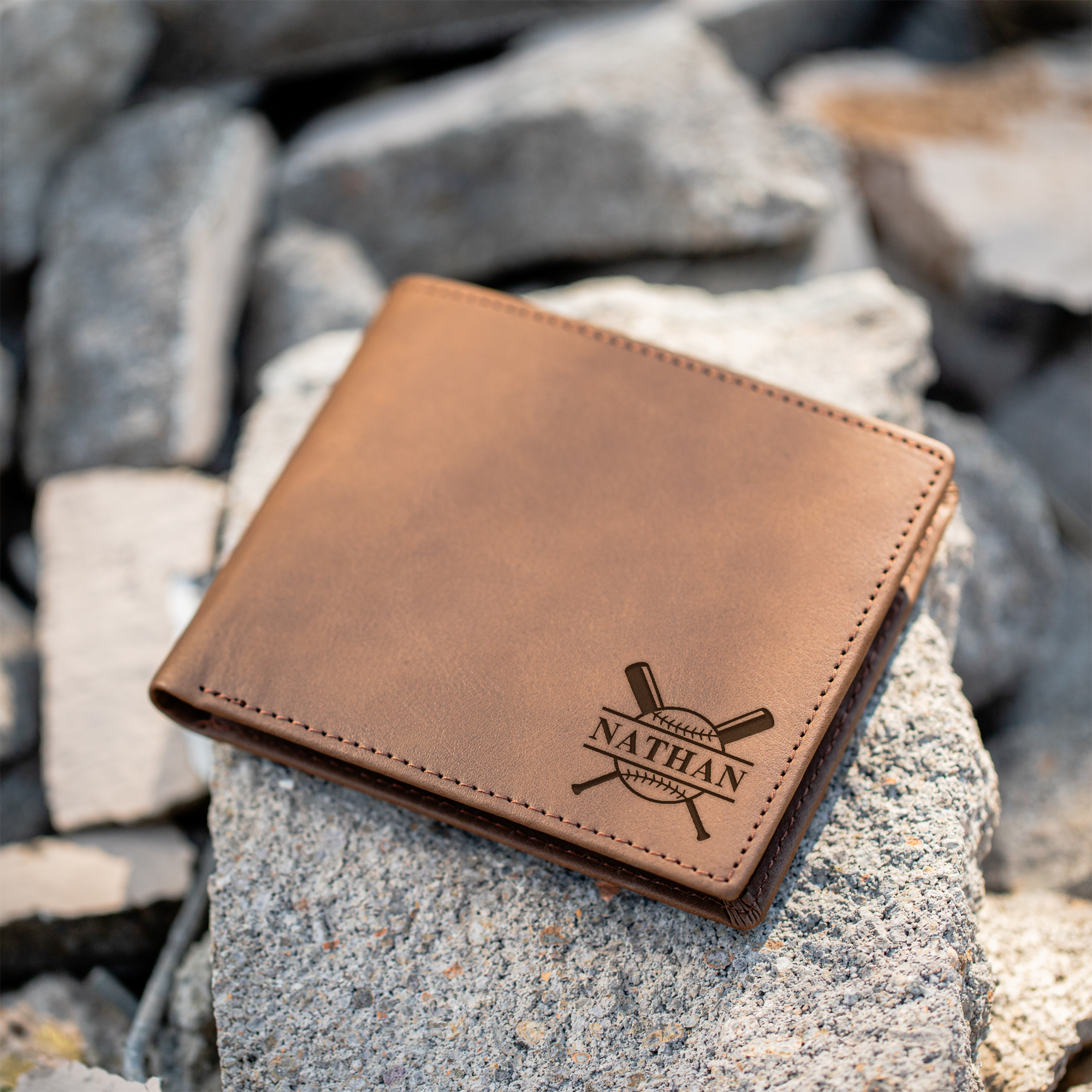 Personalized Leather Bifold Wallet with Baseball Design