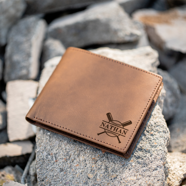 Personalized Leather Bifold Wallet with Baseball Design