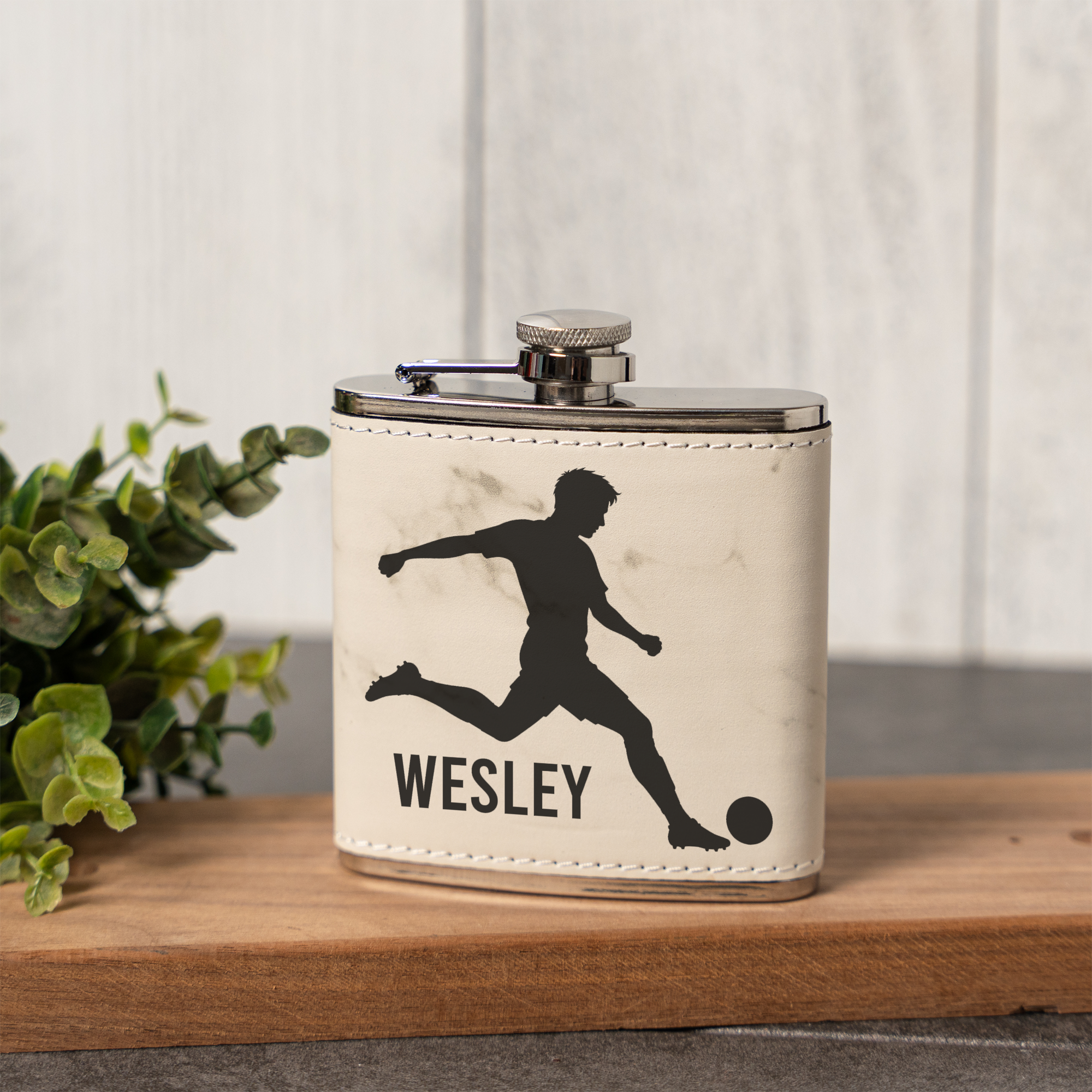 6oz Leather Wrapped Flask with Soccer Player Design