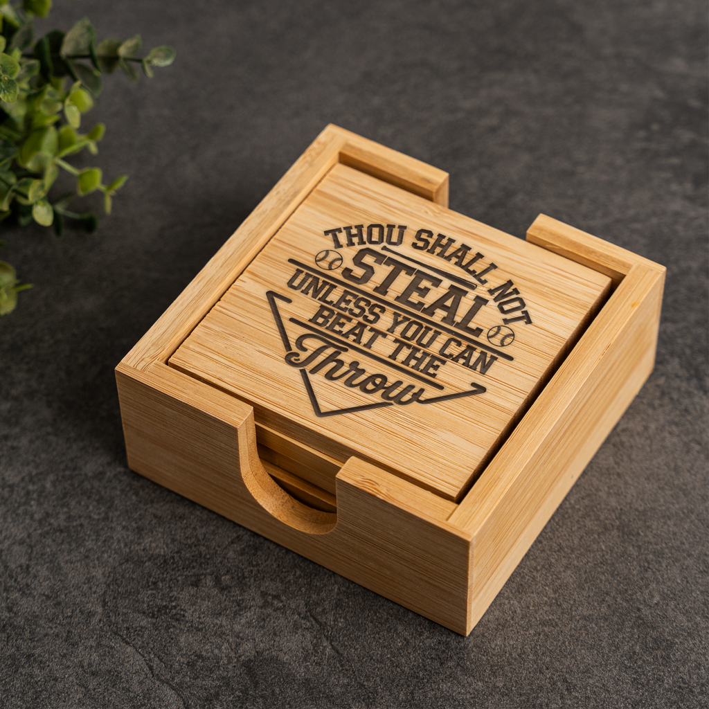 Funny Baseball Bamboo Coaster Set | "Thou Shall Not Steal Unless You Can Beat the Throw" | Baseball Gift | Sports Bar Coasters