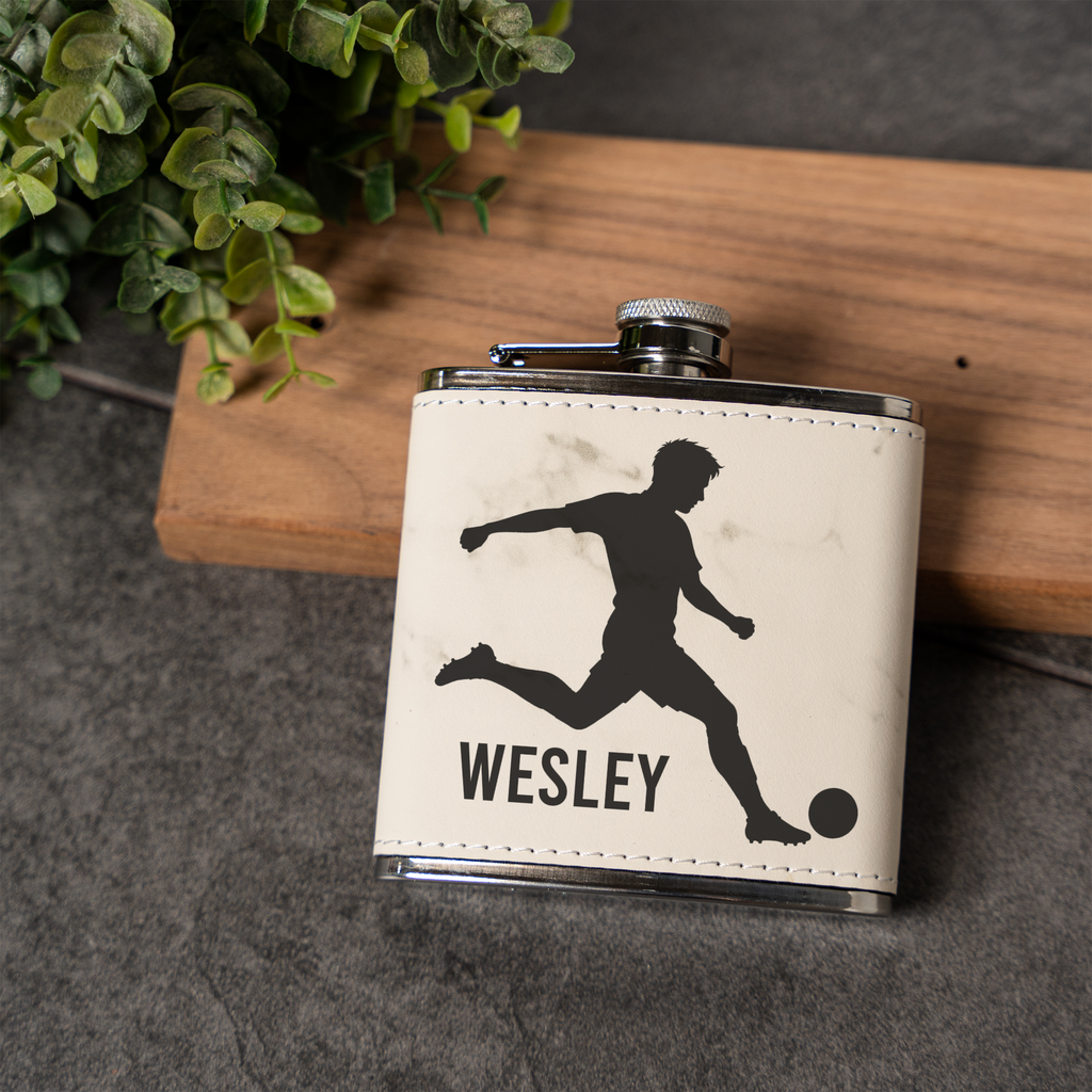 6oz Leather Wrapped Flask with Soccer Player Design