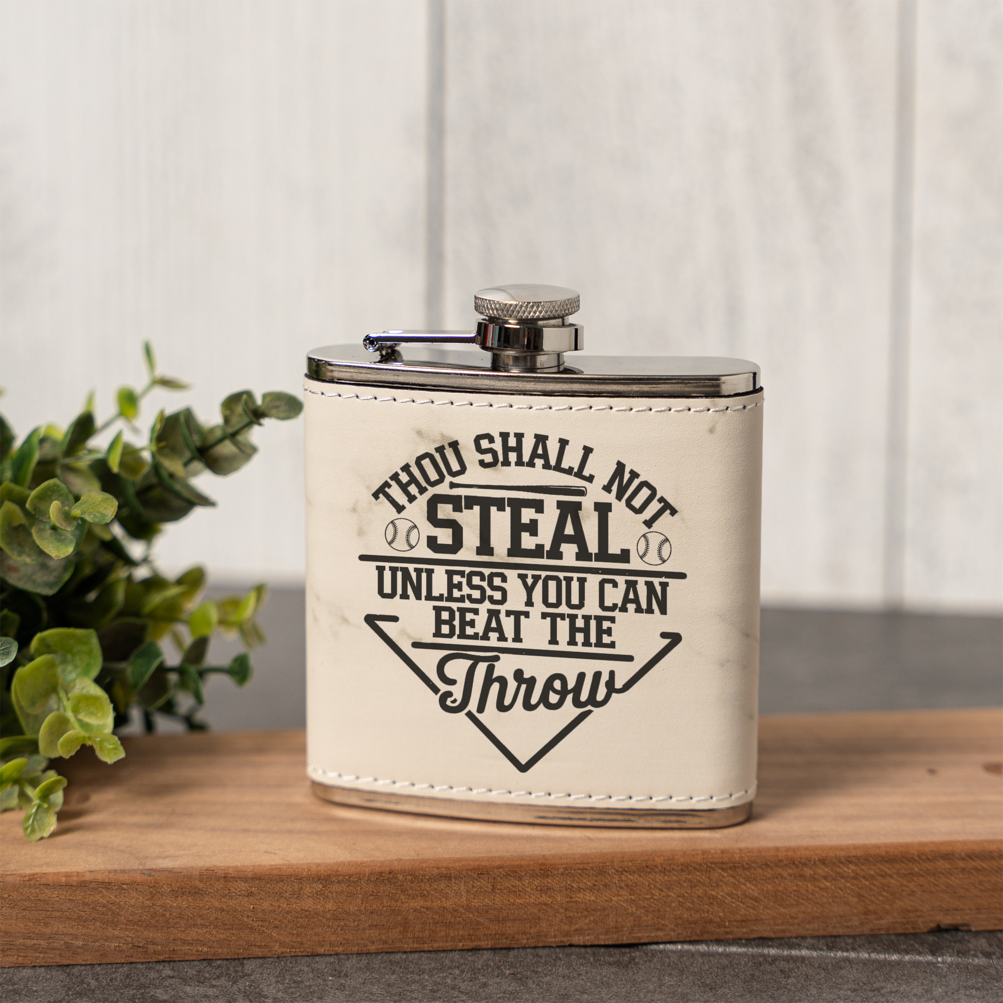 Funny Baseball Flask | "Thou Shall Not Steal Unless You Can Beat the Throw" | Baseball Fan Gift | Coach Gift