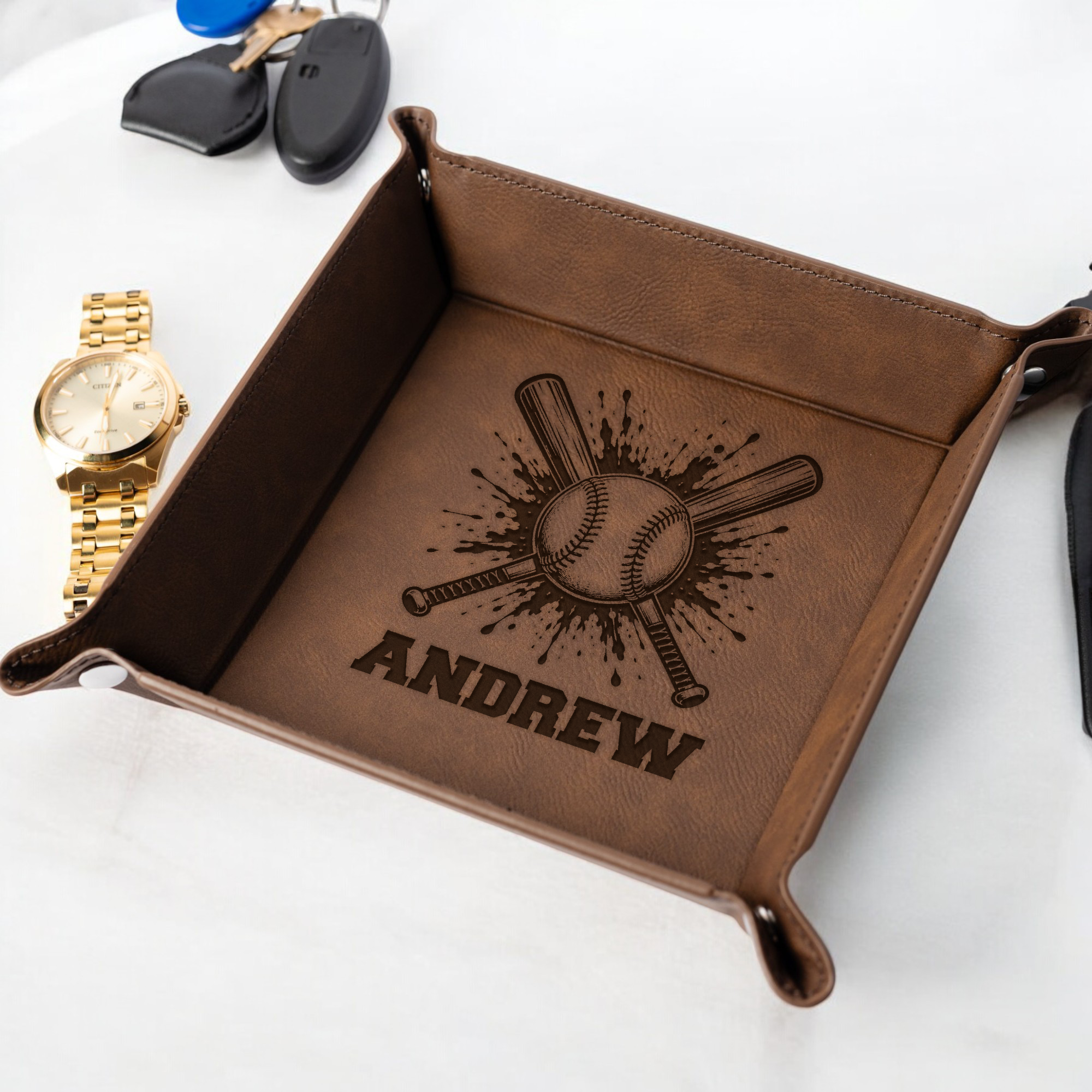 Vegan Leather Snap Up Tray, Personalized Baseball Design, Custom Name Gift