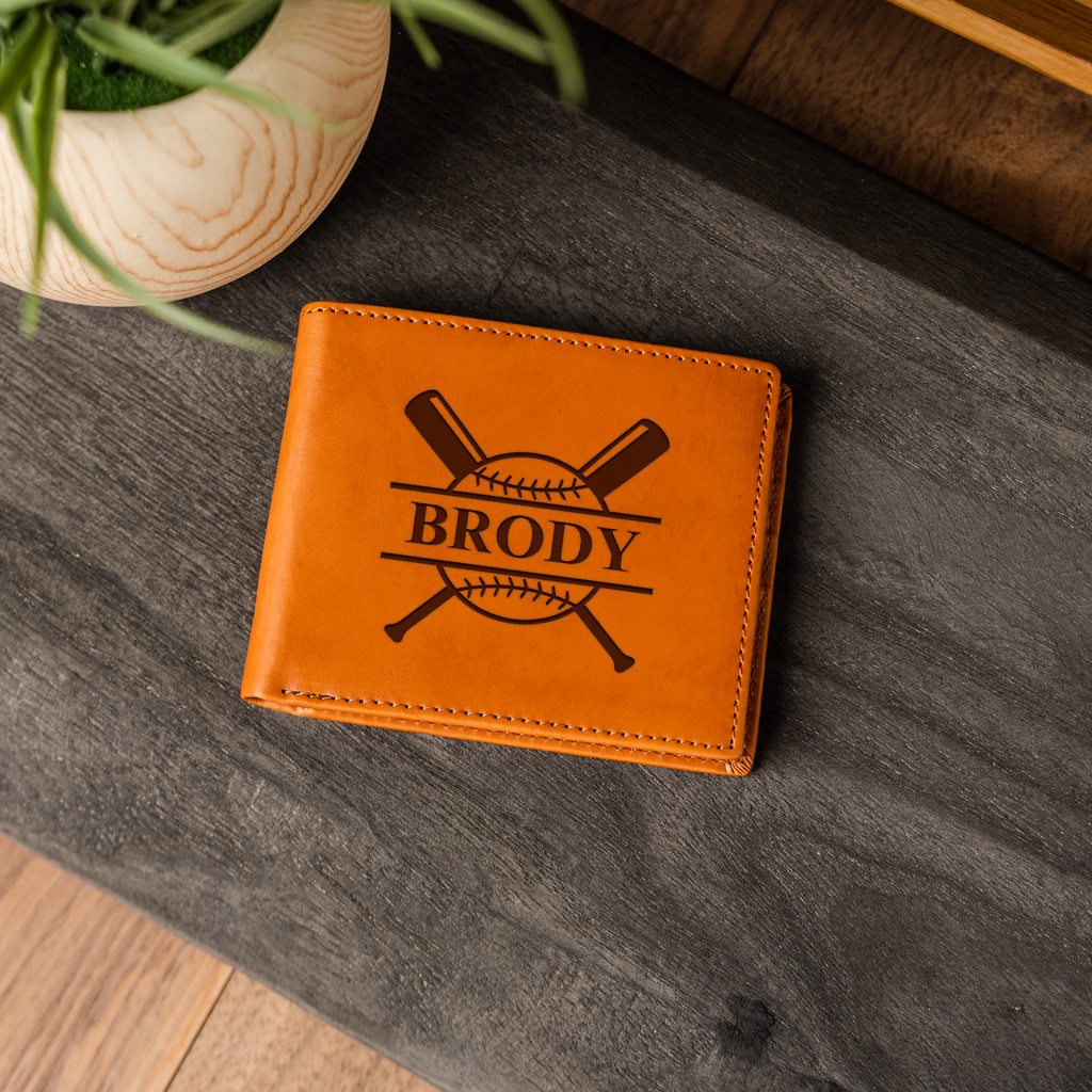 Leather Bifold Wallet with Baseball Monogram