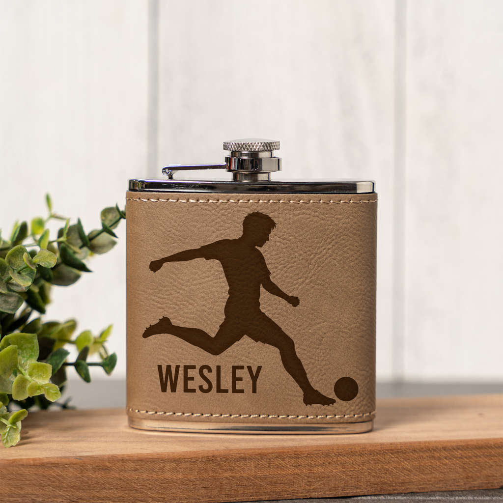 6oz Leather Wrapped Flask with Soccer Player Design