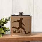 6oz Leather Wrapped Flask with Soccer Player Design