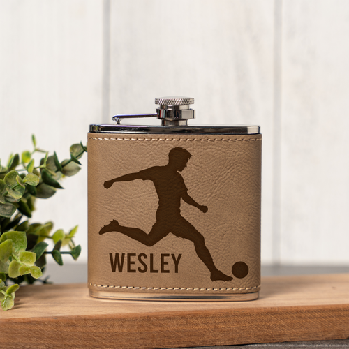 6oz Leather Wrapped Flask with Soccer Player Design