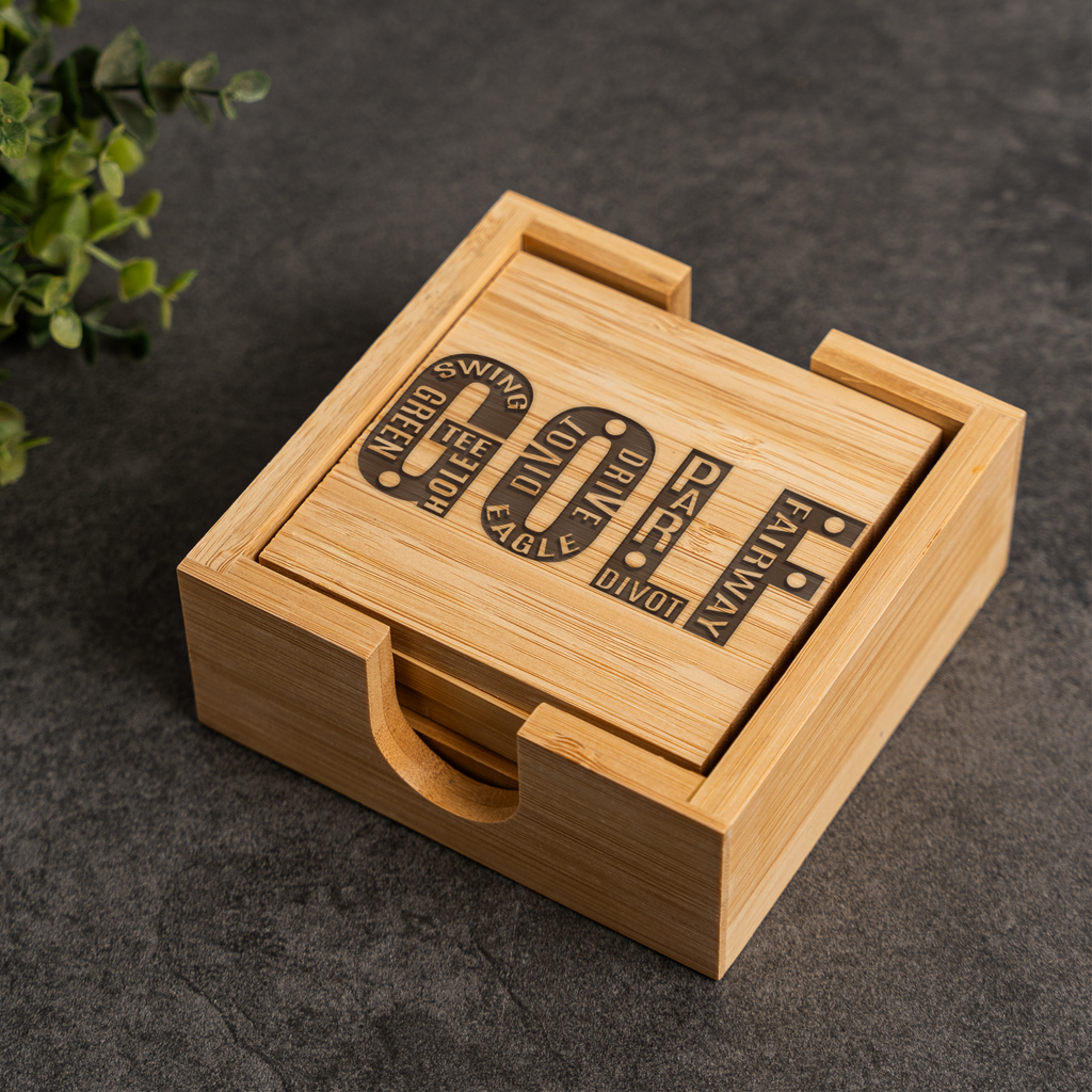 Bamboo Coaster Set with Holder, Golf Theme Coasters, Eco-Friendly Drink Mats