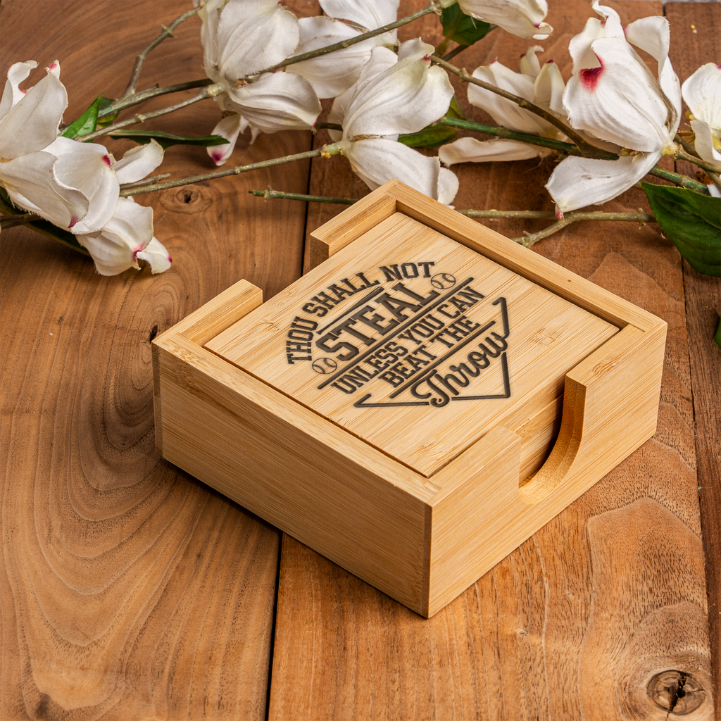 Funny Baseball Bamboo Coaster Set | "Thou Shall Not Steal Unless You Can Beat the Throw" | Baseball Gift | Sports Bar Coasters
