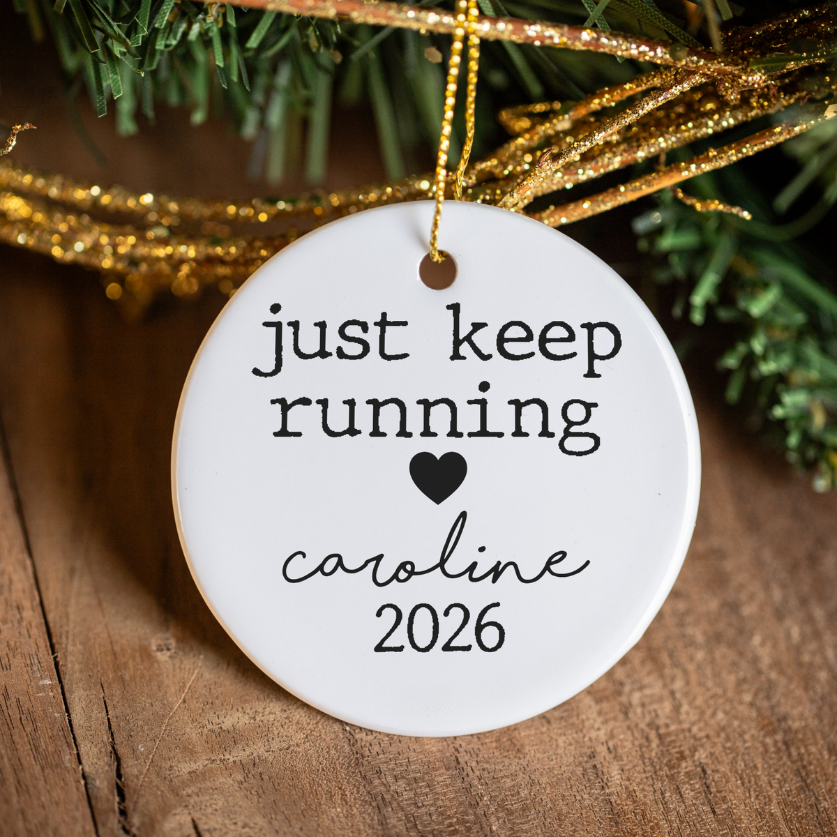 Personalized Running Christmas Ornament, Just Keep Running Ornament, Custom Name and Year Runner Gift, Marathon Runner Keepsake, Running Gift