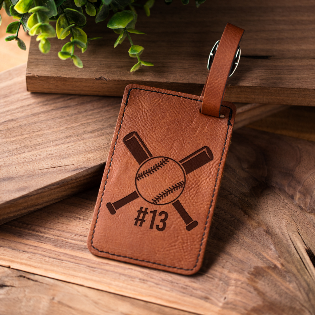 Personalized Leather Luggage Tag, Baseball Design, Custom Travel Accessory, Unique Gift Idea