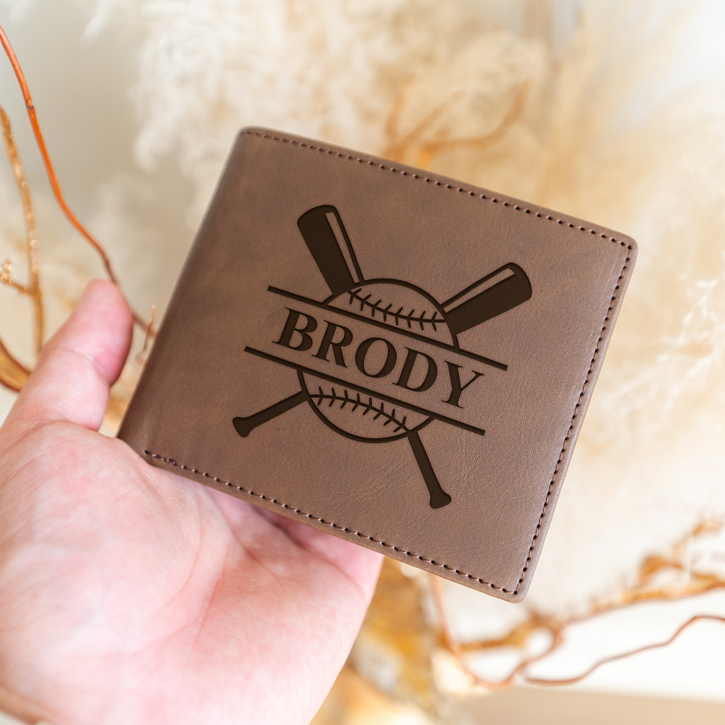 Leather Bifold Wallet with Baseball Monogram