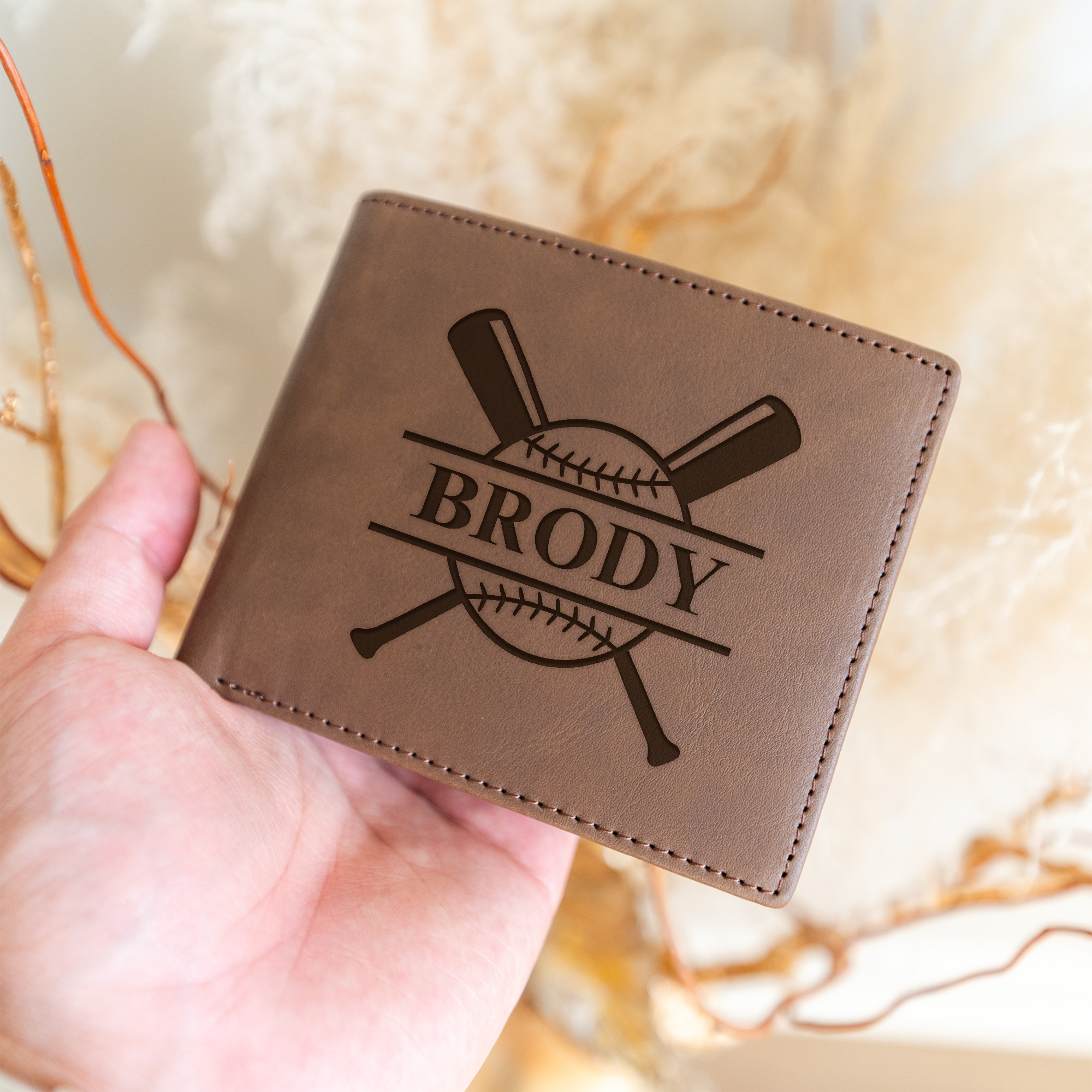 Leather Bifold Wallet with Baseball Monogram