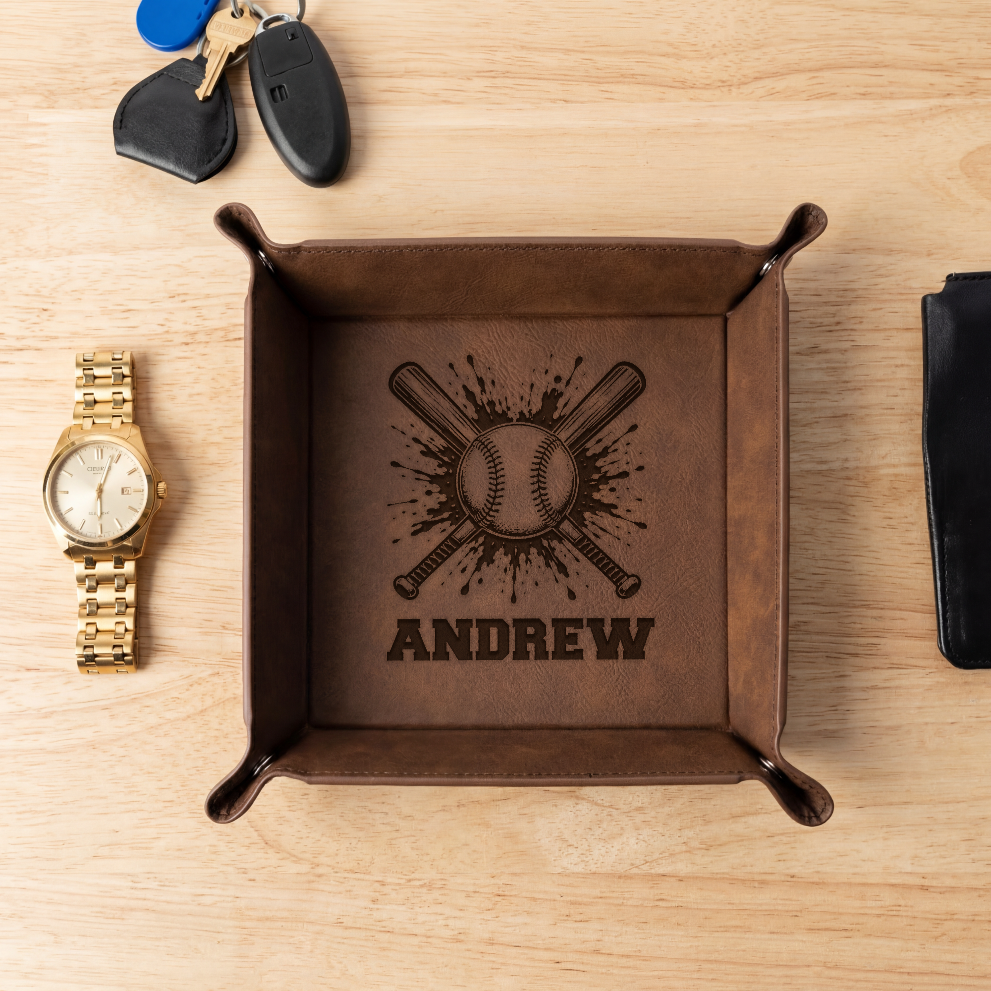 Vegan Leather Snap Up Tray, Personalized Baseball Design, Custom Name Gift