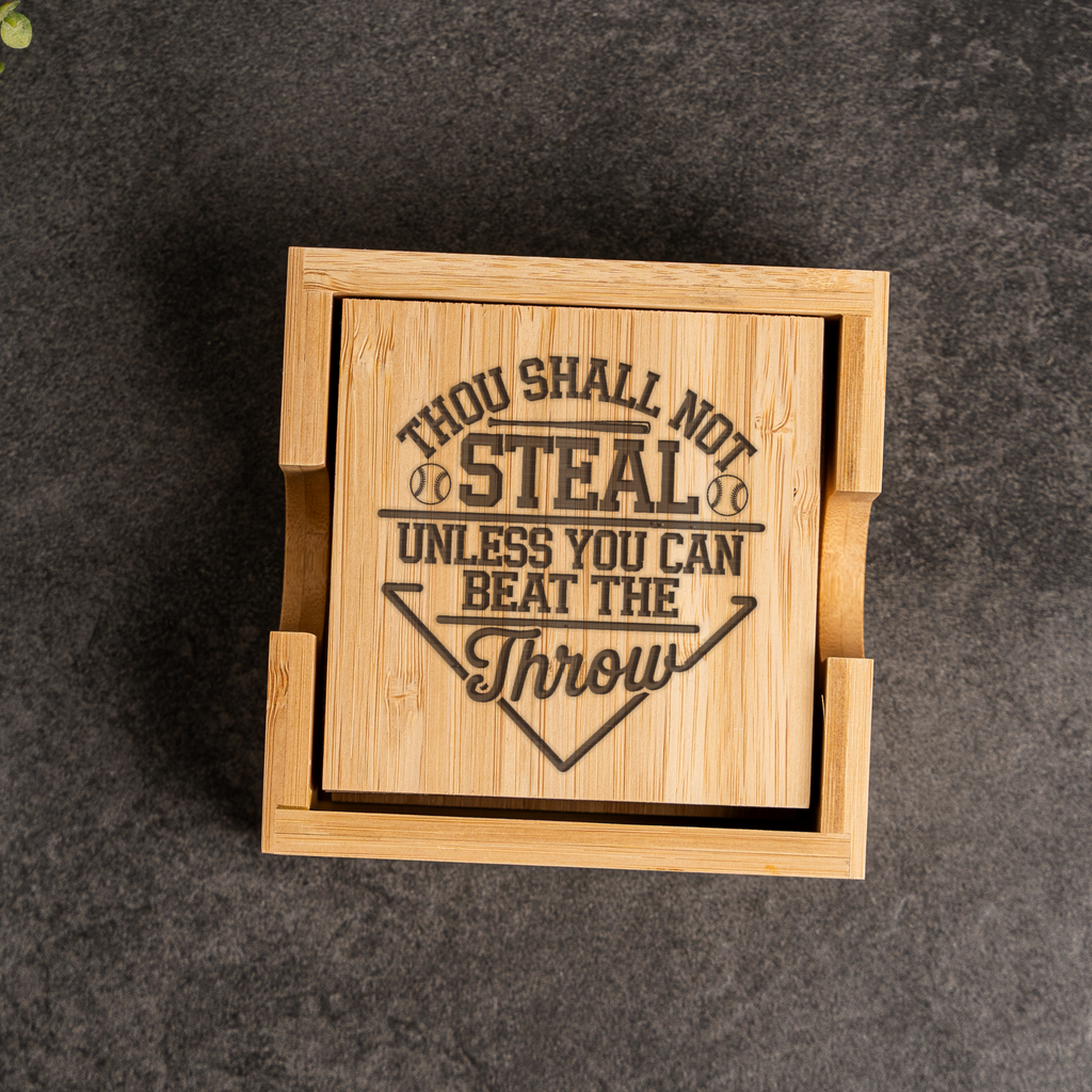 Funny Baseball Bamboo Coaster Set | "Thou Shall Not Steal Unless You Can Beat the Throw" | Baseball Gift | Sports Bar Coasters