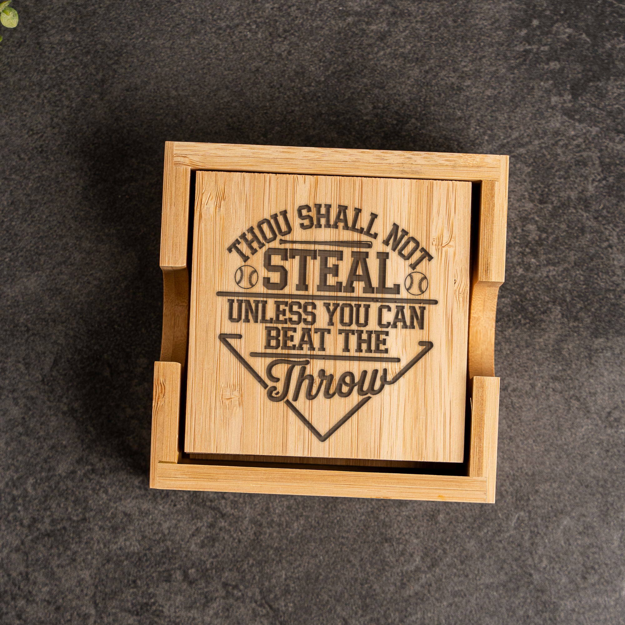 Funny Baseball Bamboo Coaster Set | "Thou Shall Not Steal Unless You Can Beat the Throw" | Baseball Gift | Sports Bar Coasters