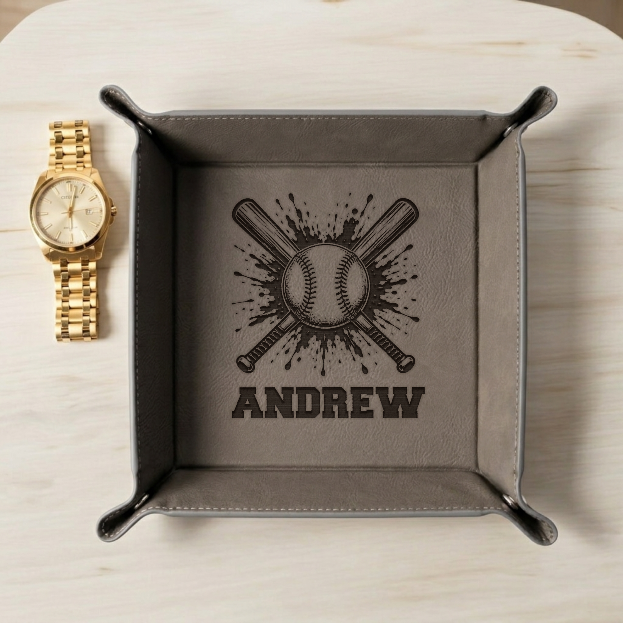 Vegan Leather Snap Up Tray, Personalized Baseball Design, Custom Name Gift