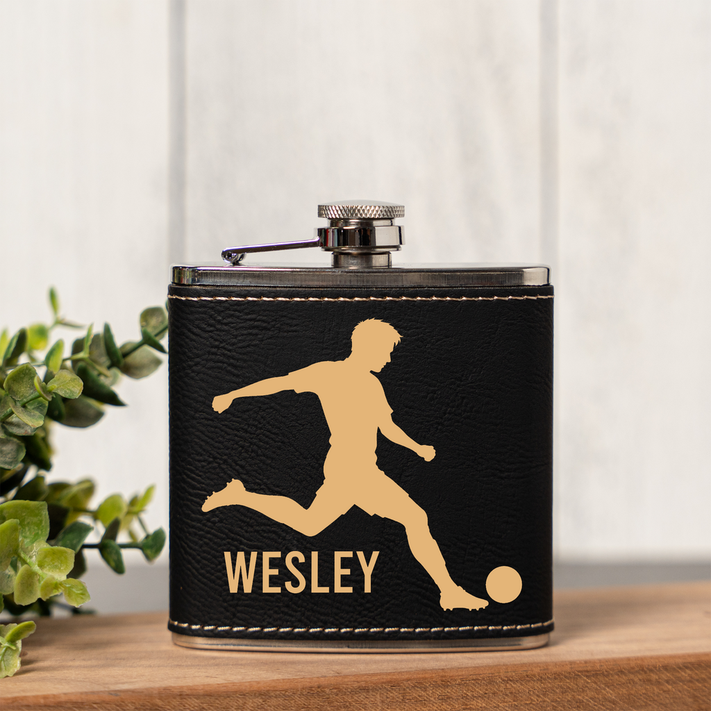 6oz Leather Wrapped Flask with Soccer Player Design