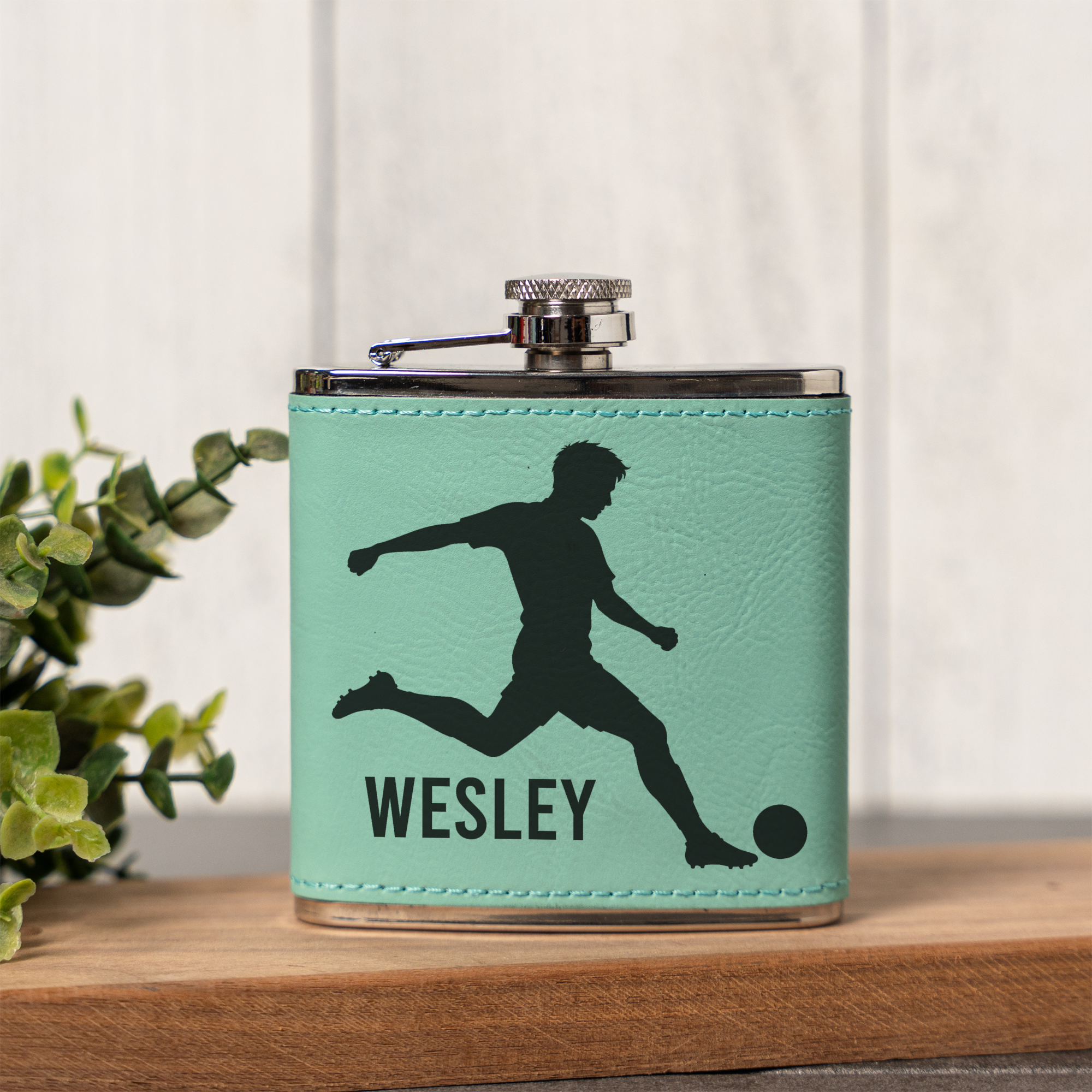 6oz Leather Wrapped Flask with Soccer Player Design