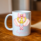Personalized Pickleball Coffee Mug, Custom Name Pickleball Cup, Pink Bow Pickleball Gift, Coquette Pickleball Mug, Girly Sports Gift for Her