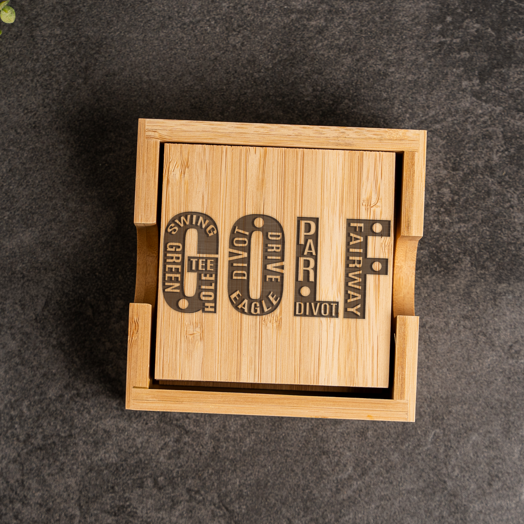 Bamboo Coaster Set with Holder, Golf Theme Coasters, Eco-Friendly Drink Mats