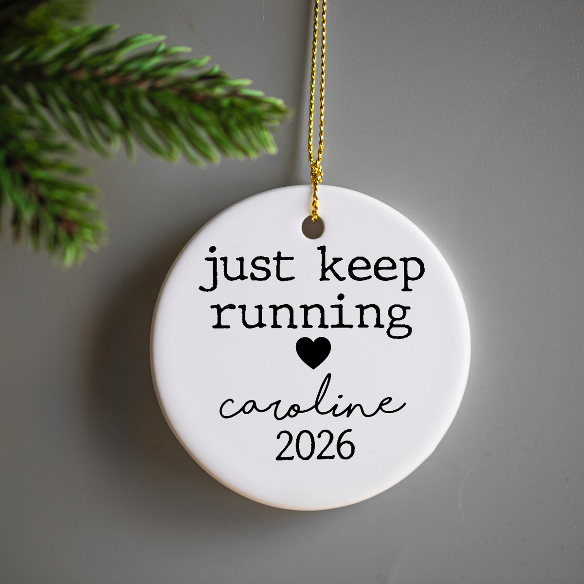 Personalized Running Christmas Ornament, Just Keep Running Ornament, Custom Name and Year Runner Gift, Marathon Runner Keepsake, Running Gift