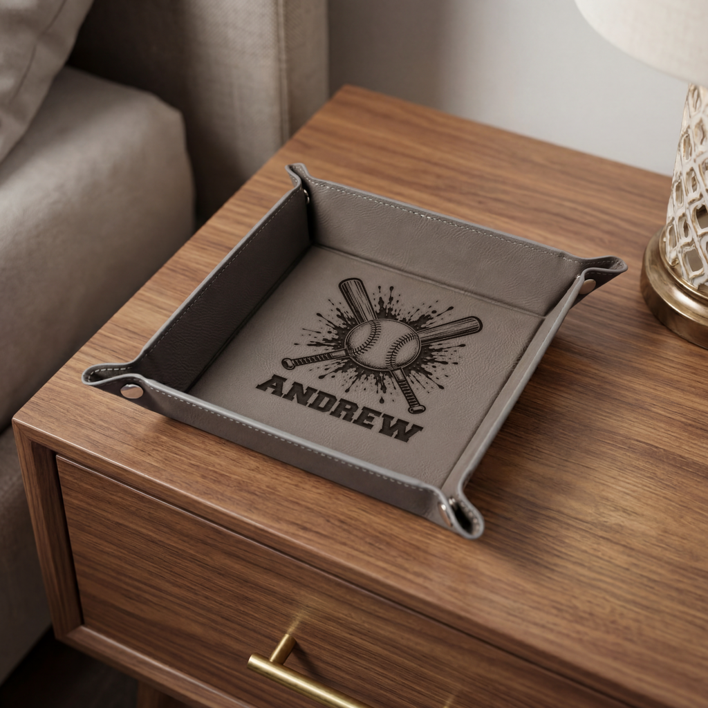 Vegan Leather Snap Up Tray, Personalized Baseball Design, Custom Name Gift