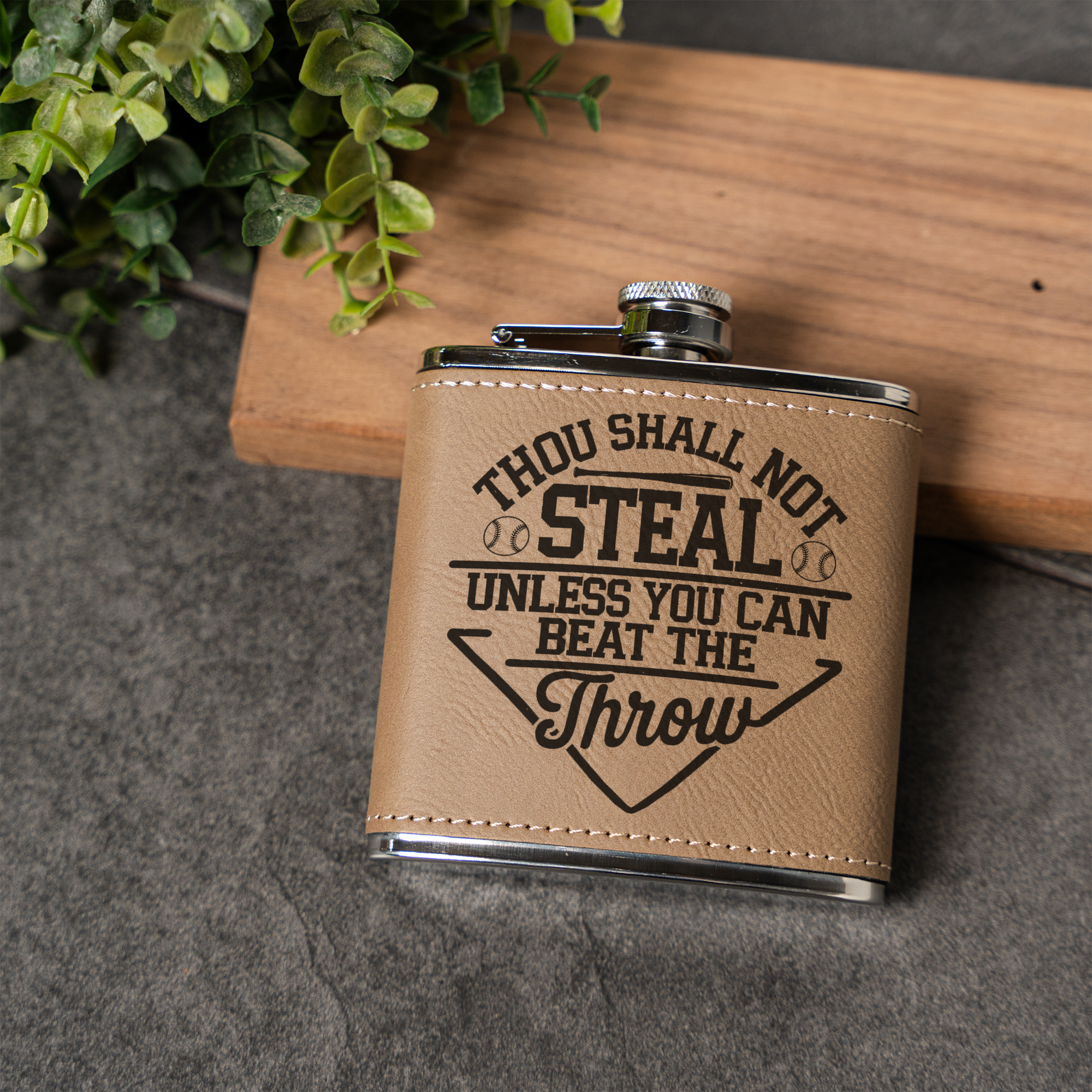 Funny Baseball Flask | "Thou Shall Not Steal Unless You Can Beat the Throw" | Baseball Fan Gift | Coach Gift