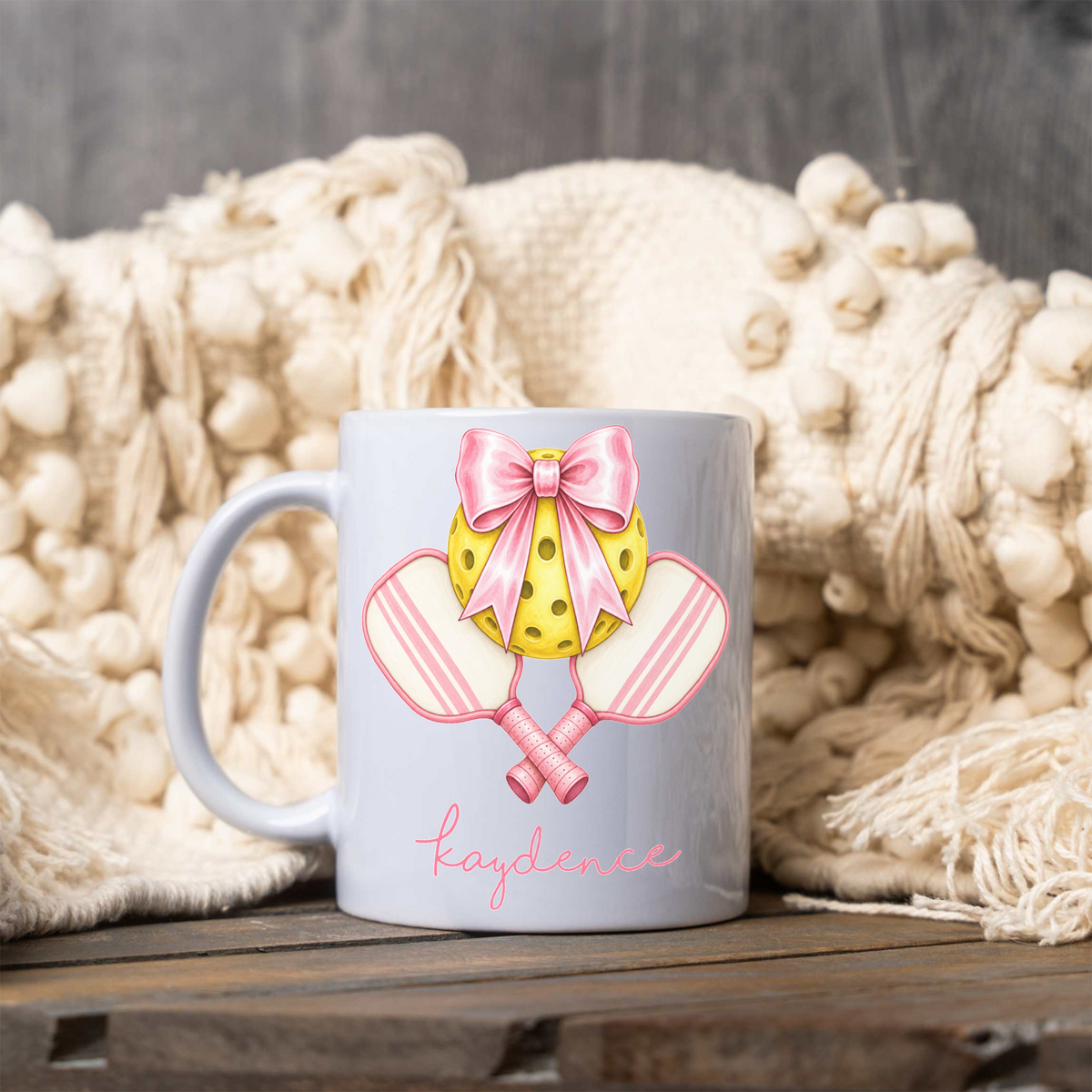Personalized Pickleball Coffee Mug, Custom Name Pickleball Cup, Pink Bow Pickleball Gift, Coquette Pickleball Mug, Girly Sports Gift for Her