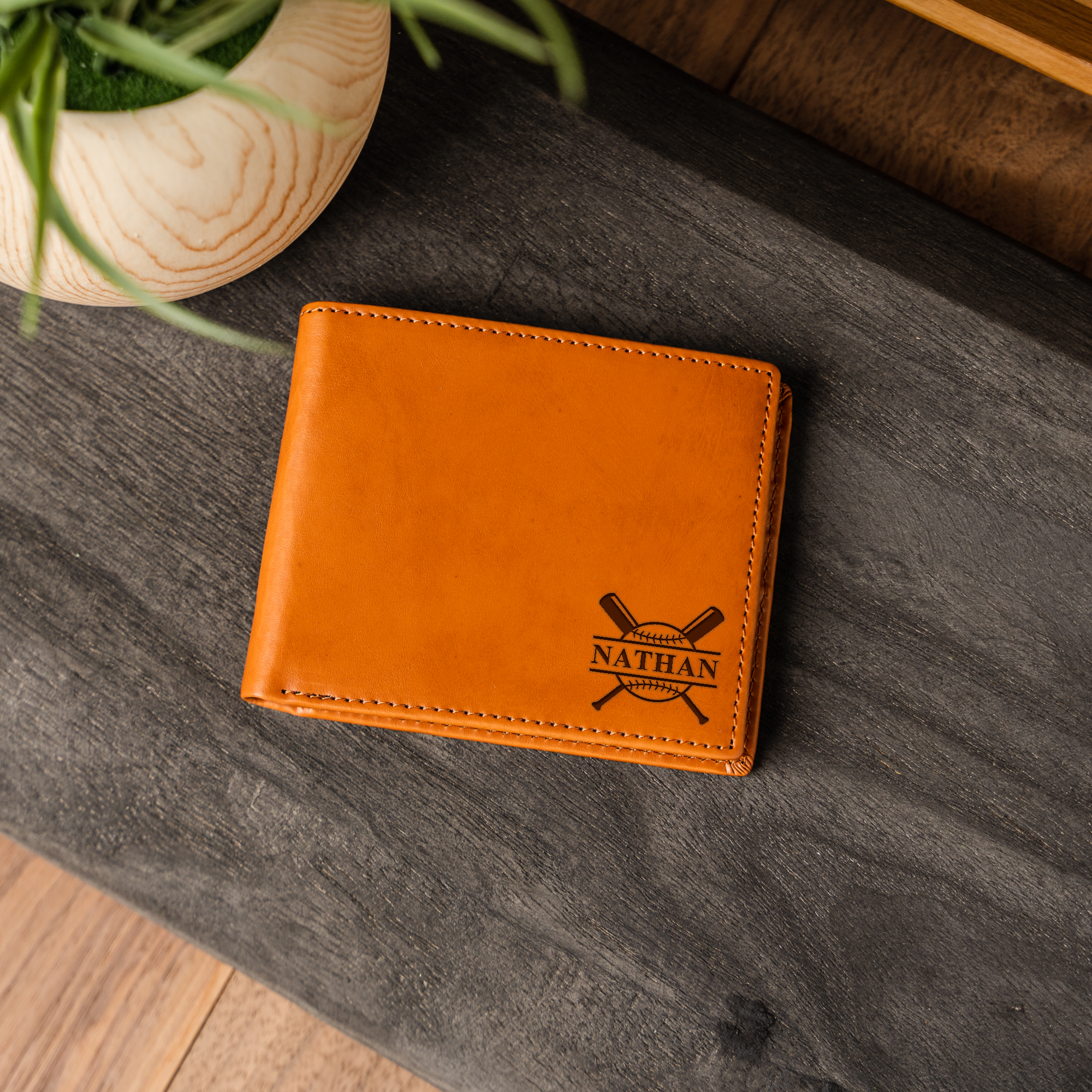 Personalized Leather Bifold Wallet with Baseball Design