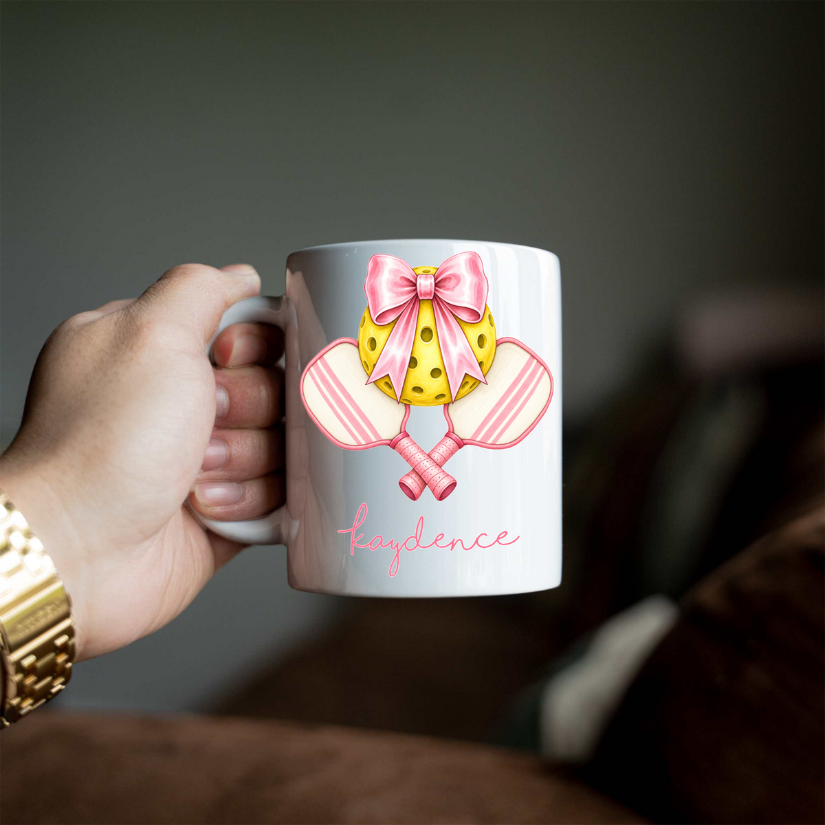Personalized Pickleball Coffee Mug, Custom Name Pickleball Cup, Pink Bow Pickleball Gift, Coquette Pickleball Mug, Girly Sports Gift for Her
