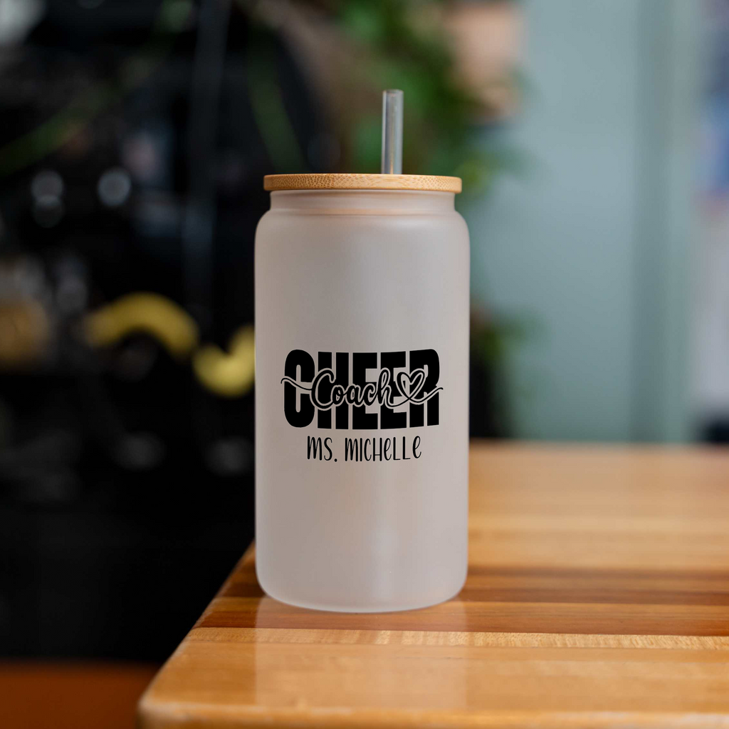 Custom Cheer Game Day 16oz Glass Coffee Can with Lid